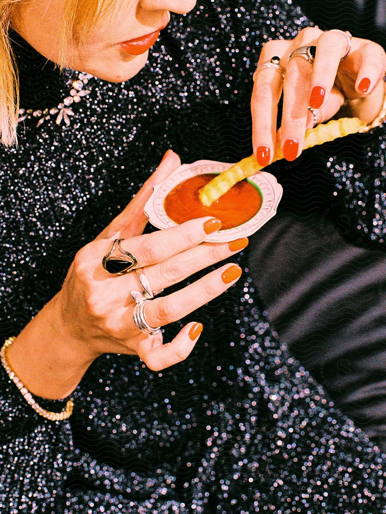 A woman eating french fries and dipping them into ketchup