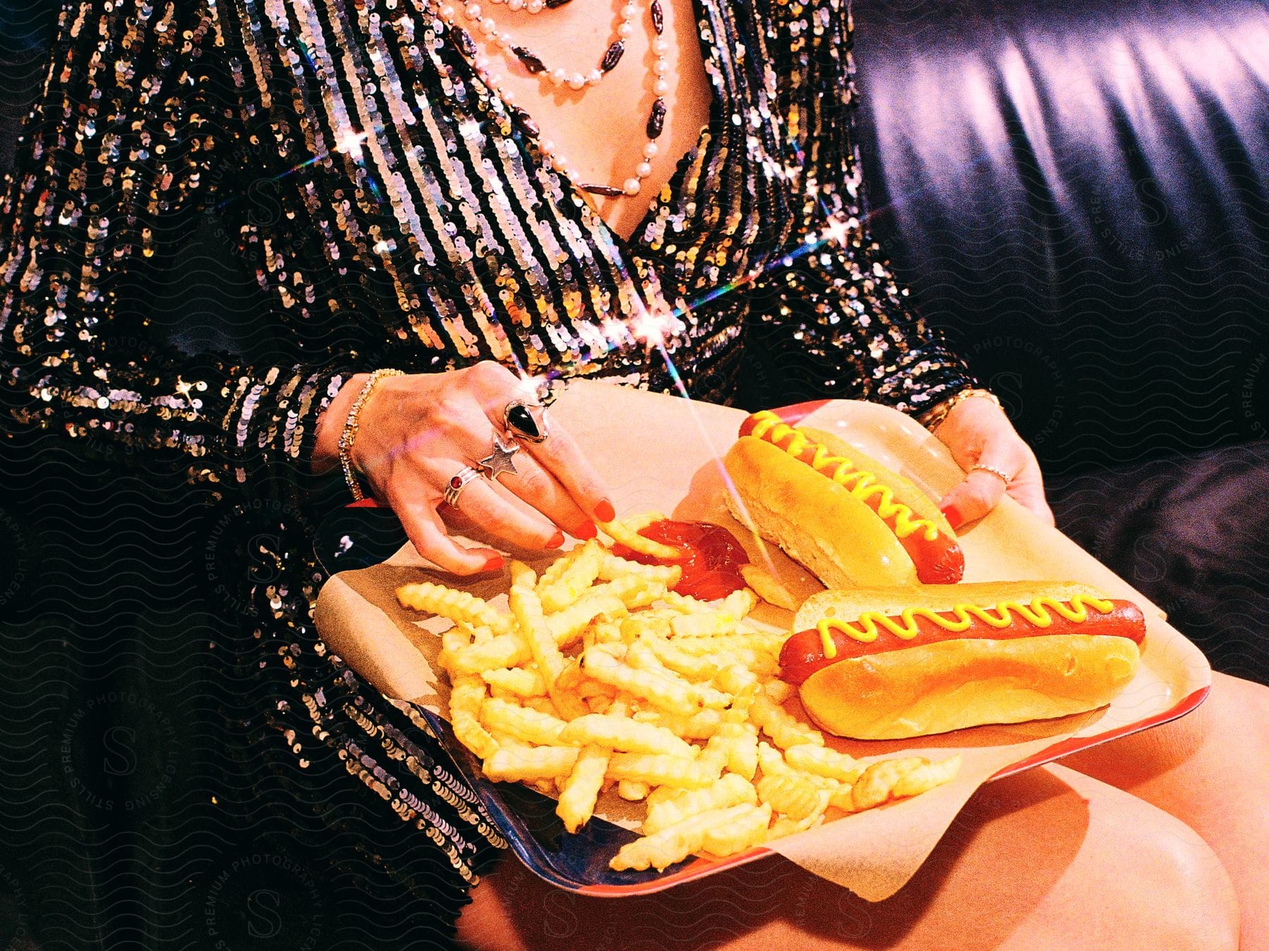 A person holding a tray with two hot dogs and a portion of fries.