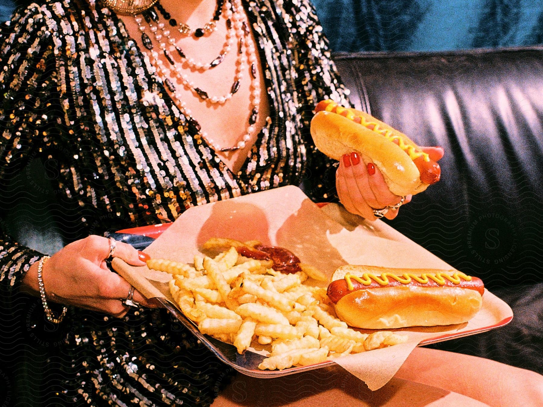 Woman sits with a tray in her lap filled with French fries and hotdogs