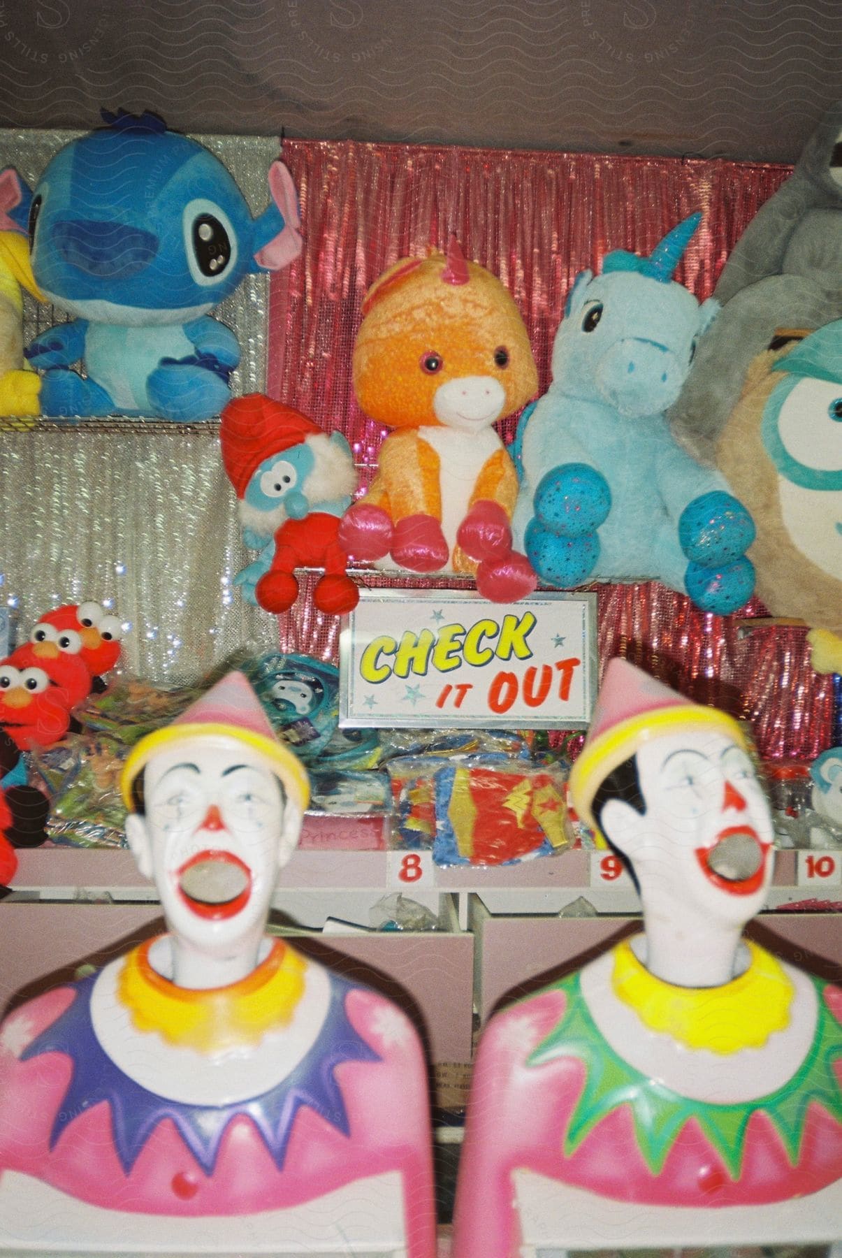Stuffed animal prizes in a carnival game