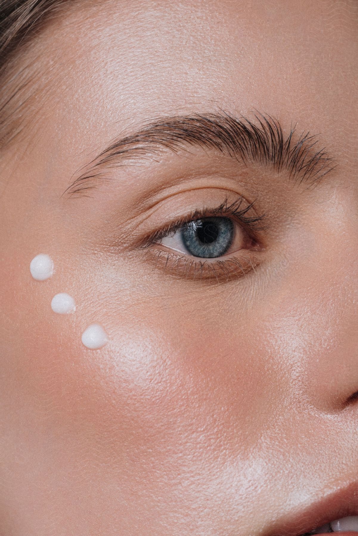 Close-up of a woman's face focusing on her eye with cream dots on her cheek.