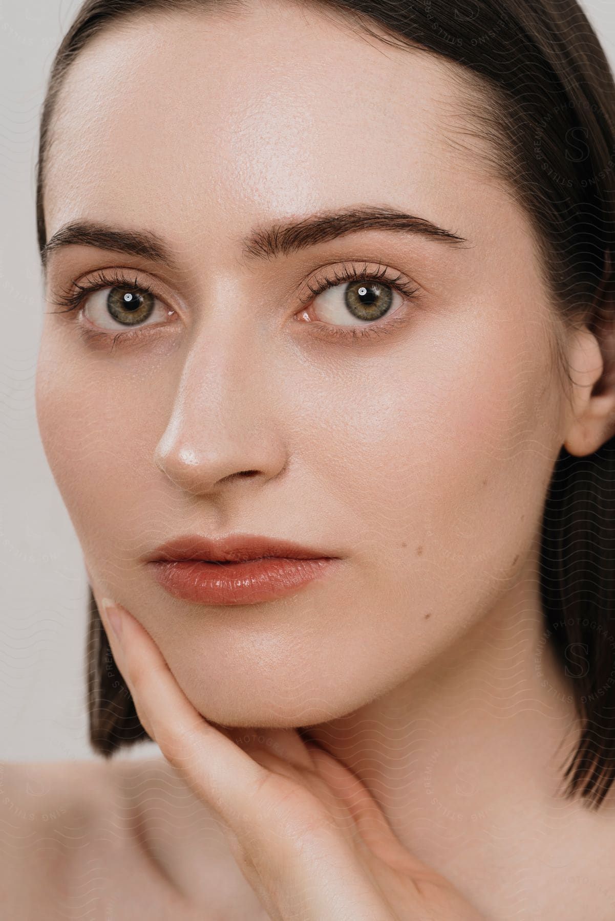 Woman looks into the camera with her hand on her lower jaw