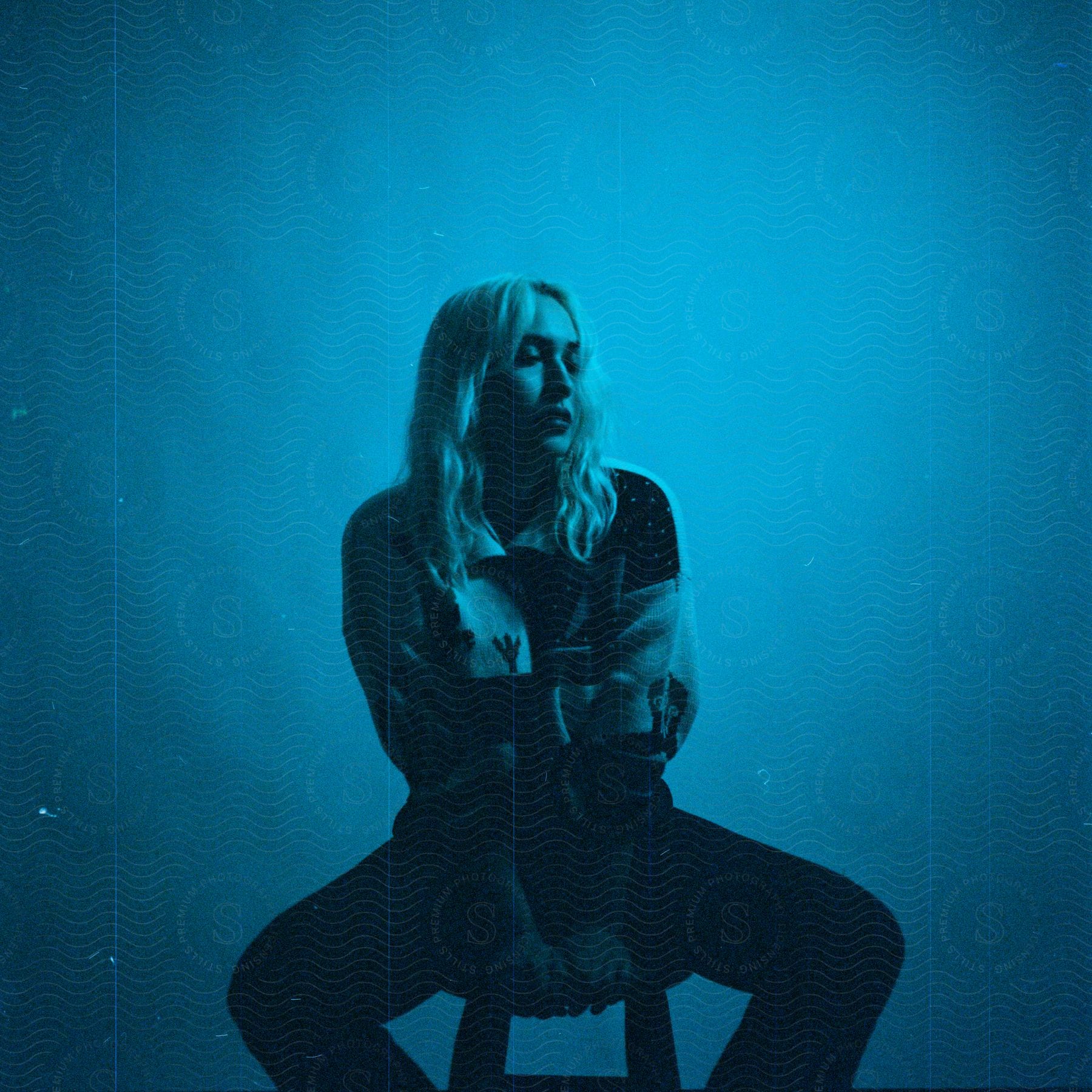 Young adult female with blond hair sitting with hands down grasping the front edge of a stool under blue light filter.