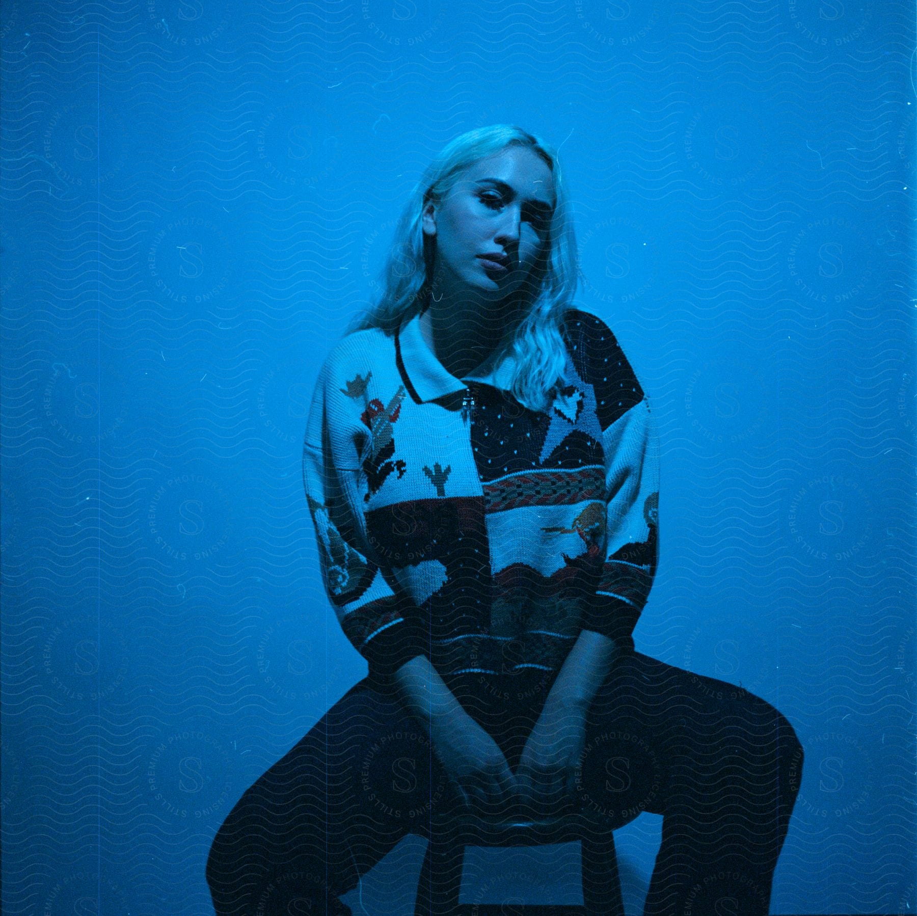 Young woman with long blonde hair sitting on a stool