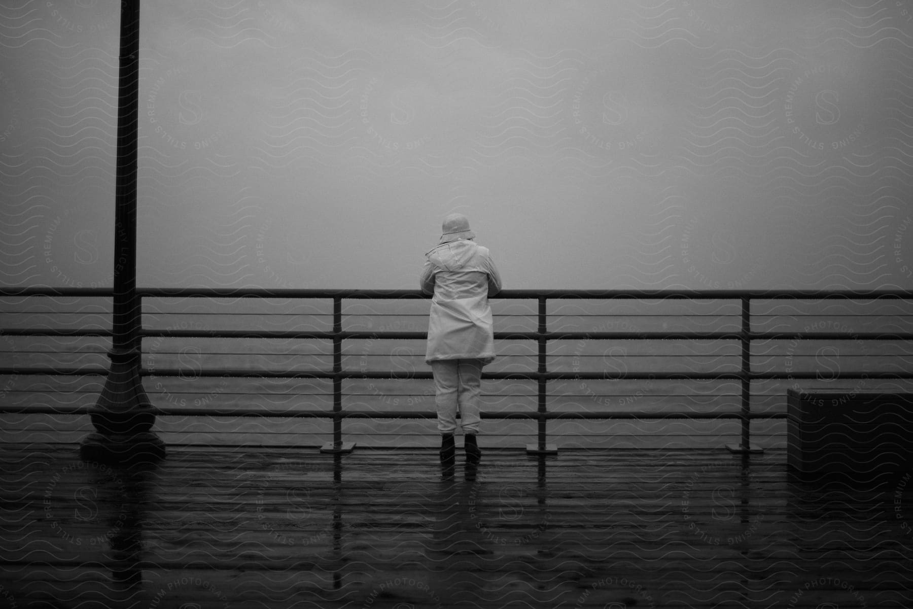 A woman dressed for rain stands by a railing on a coast