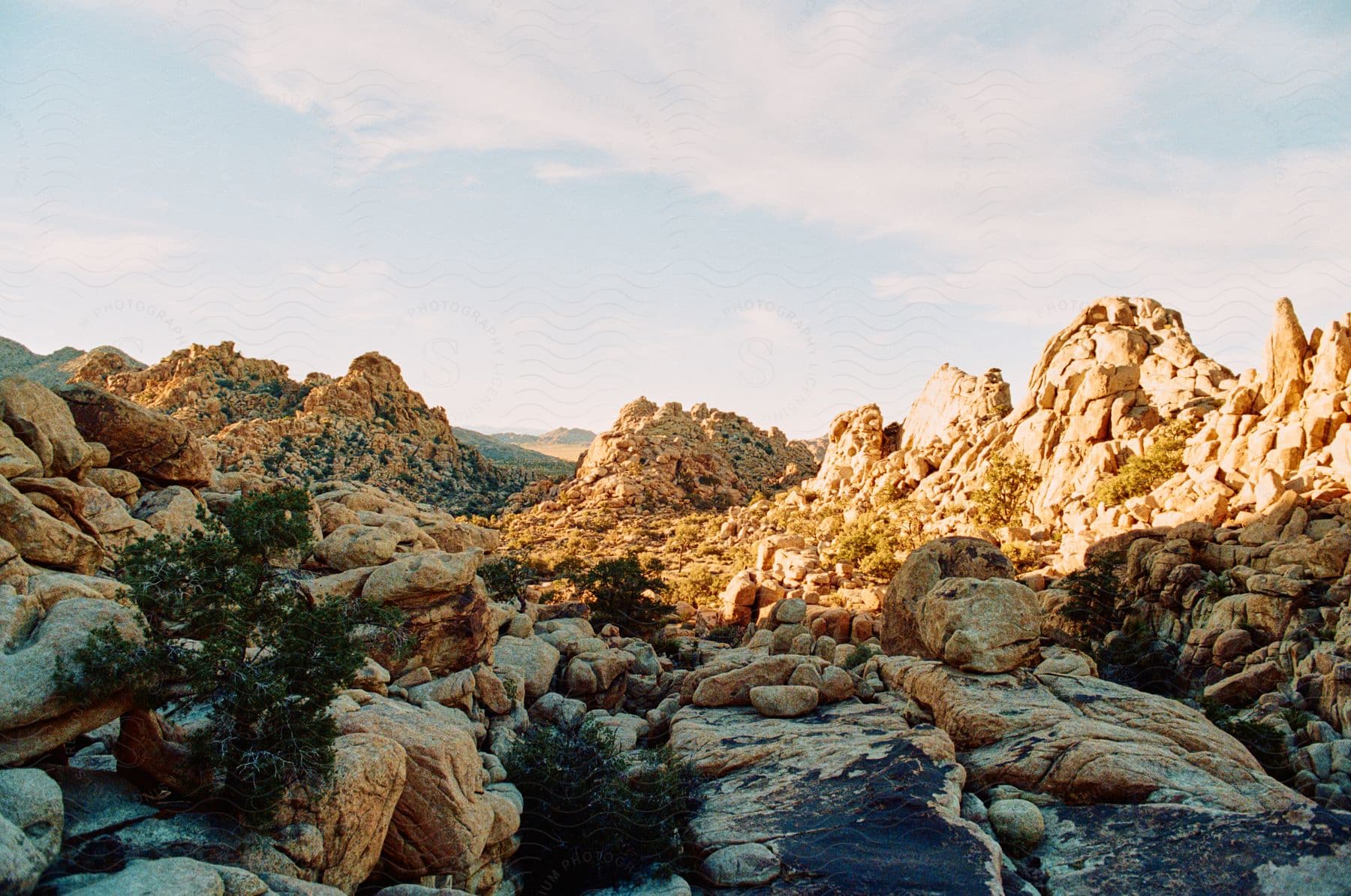 A rocky desert landscape under a clear sky