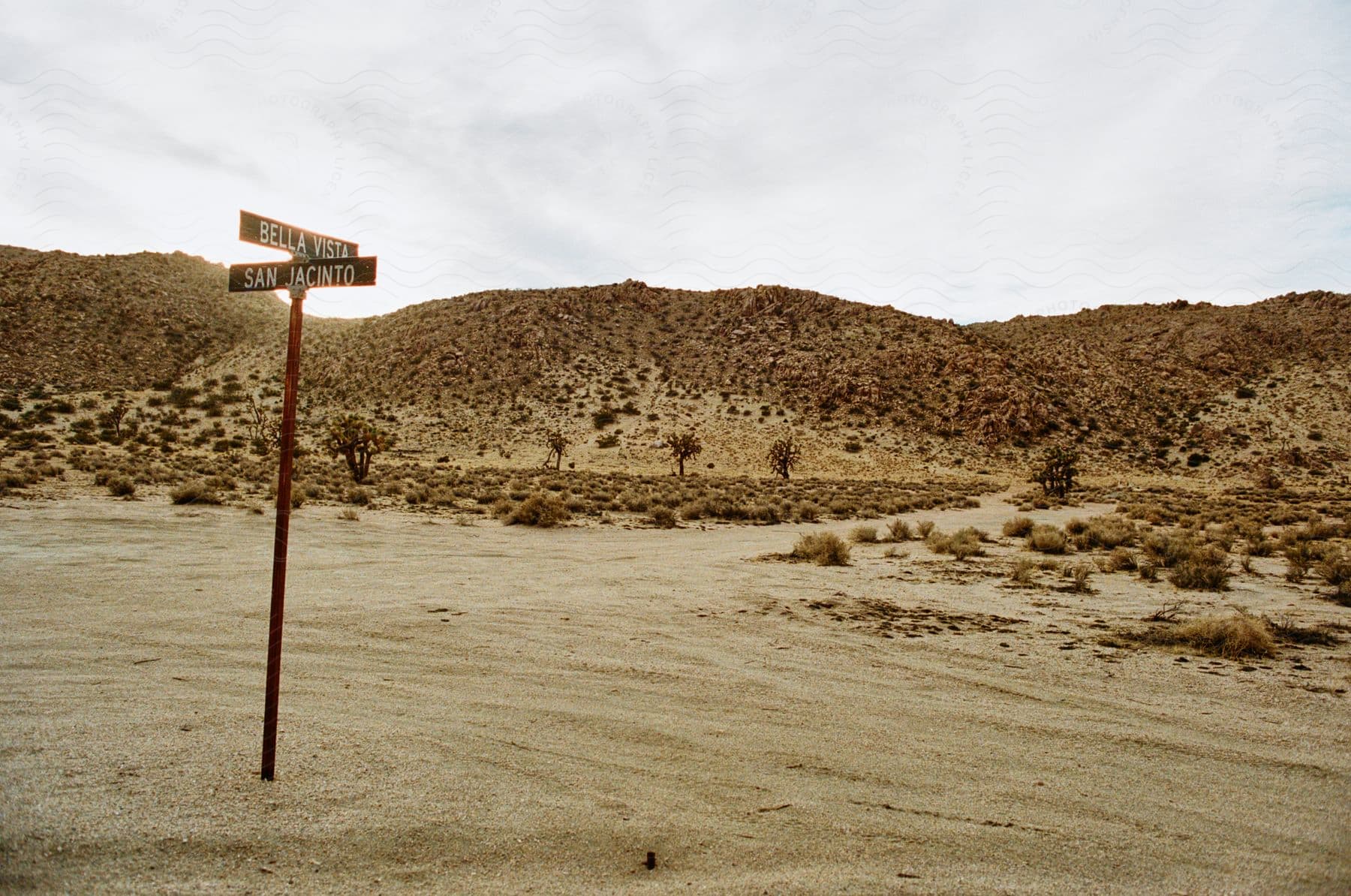 A desert road with a road sign indicating "San Jacinto" and "Bella Vista" on a sunny day.