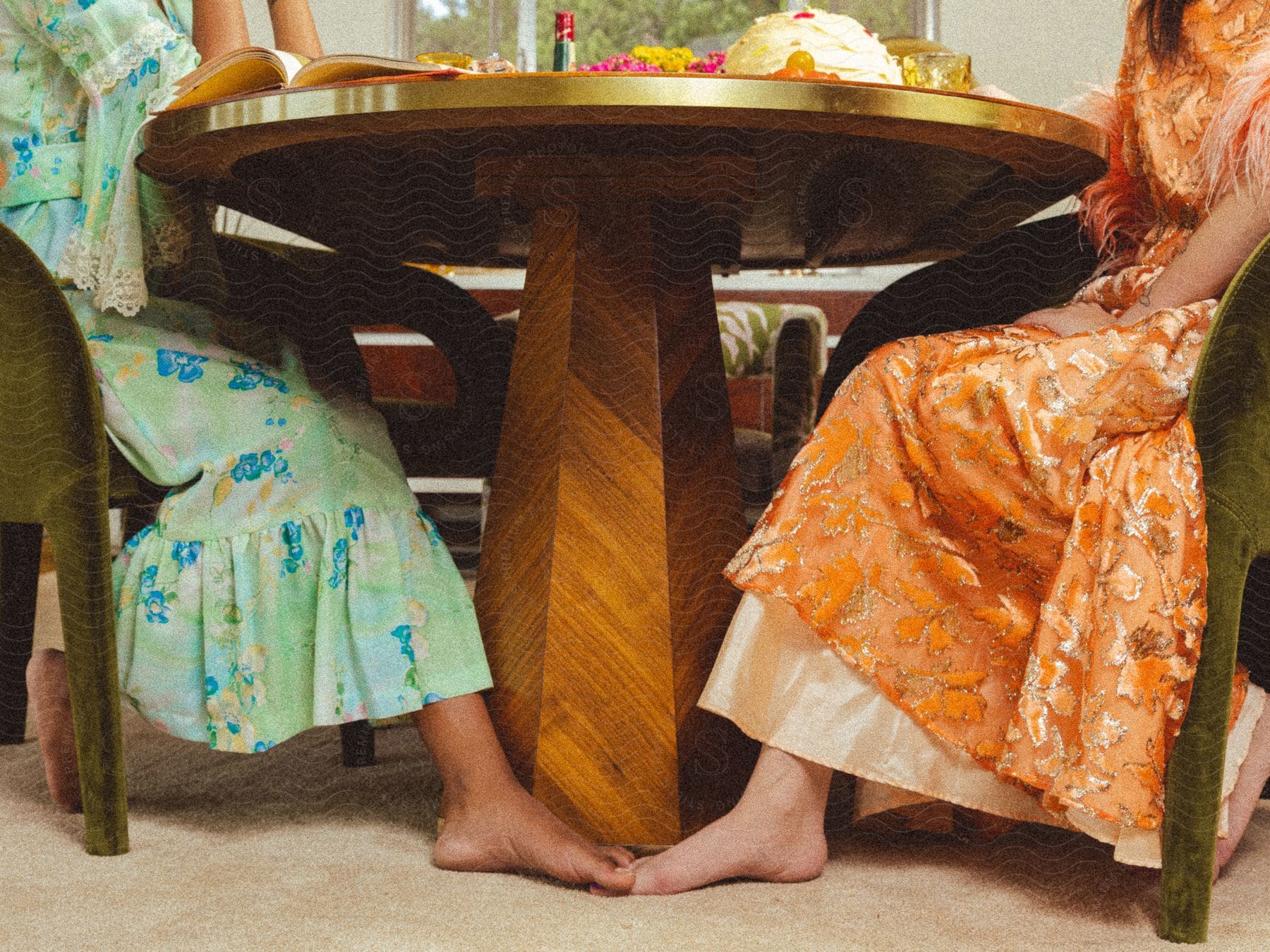 Two women sitting across a table from each other, their bare feet caressing under the table.