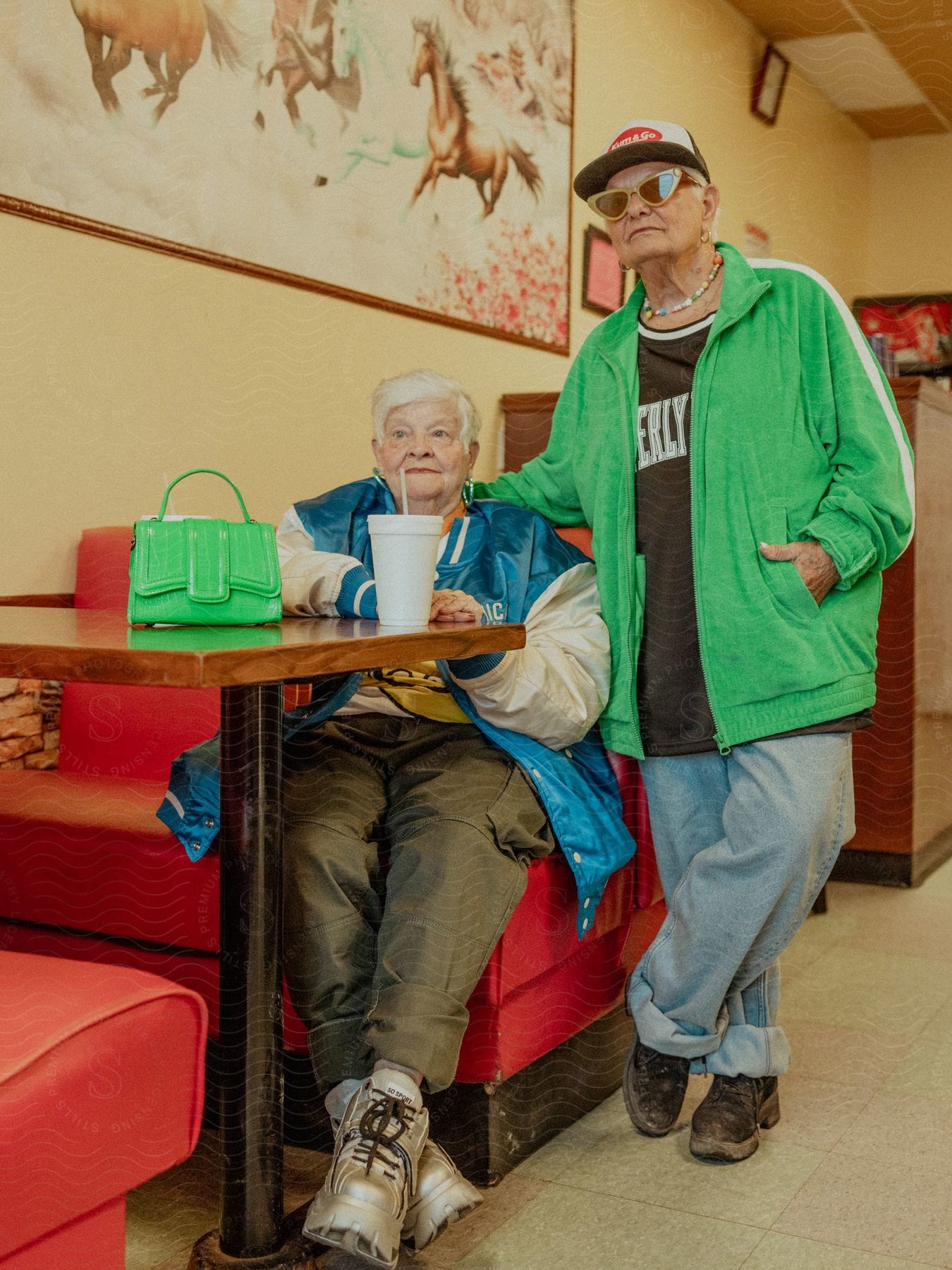 Two elderly women in a restaurant , one woman is sitting in a booth with a take out beverage.