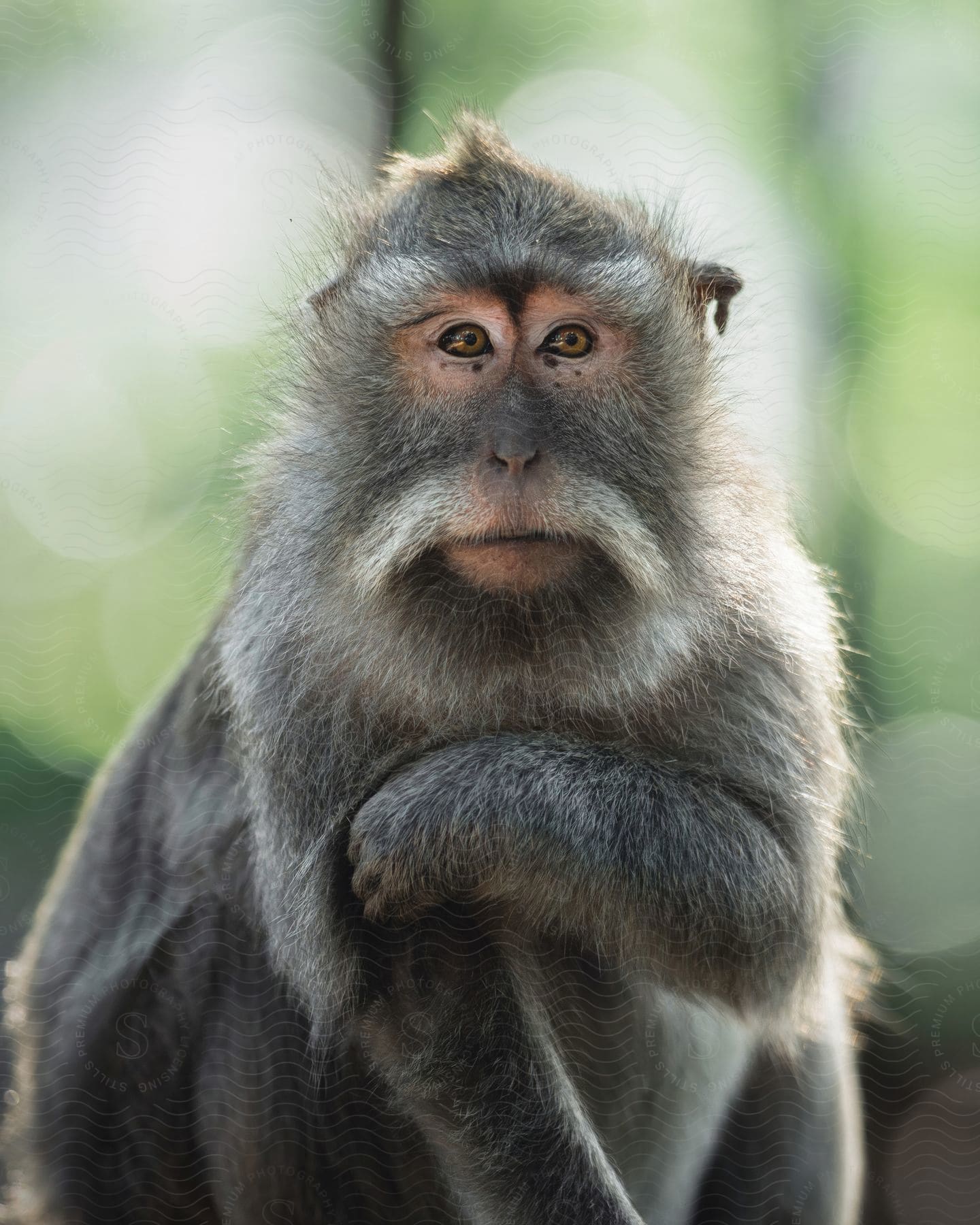 A macaque sitting on the ground, looking around.