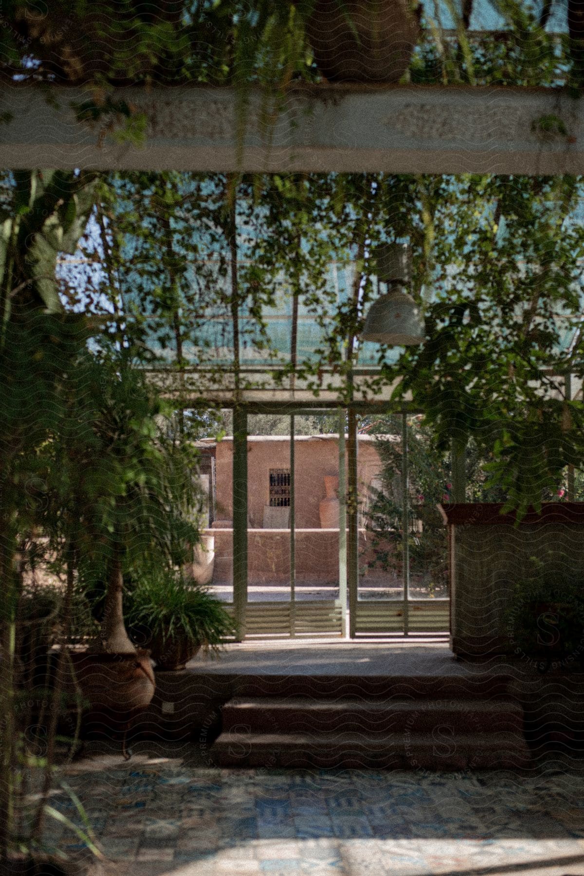 Interior design of a greenhouse with a glass roof and plants around