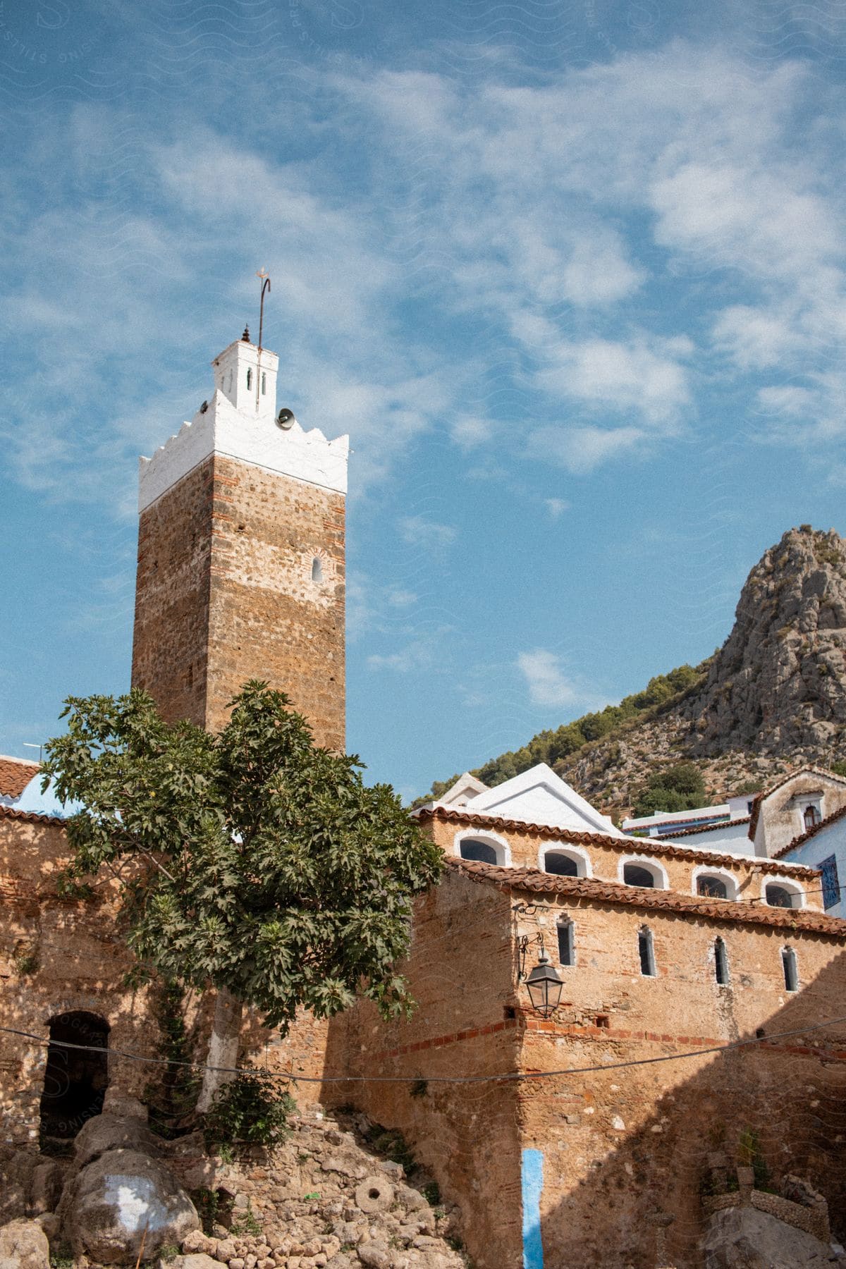 A view of an old castle with a tower on it