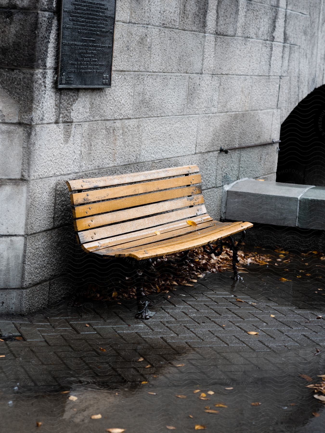 A weathered wooden bench sits on brick pavement by a leafy tunnel entrance, with a plaque and a puddle reflecting the colorful fall foliage.
