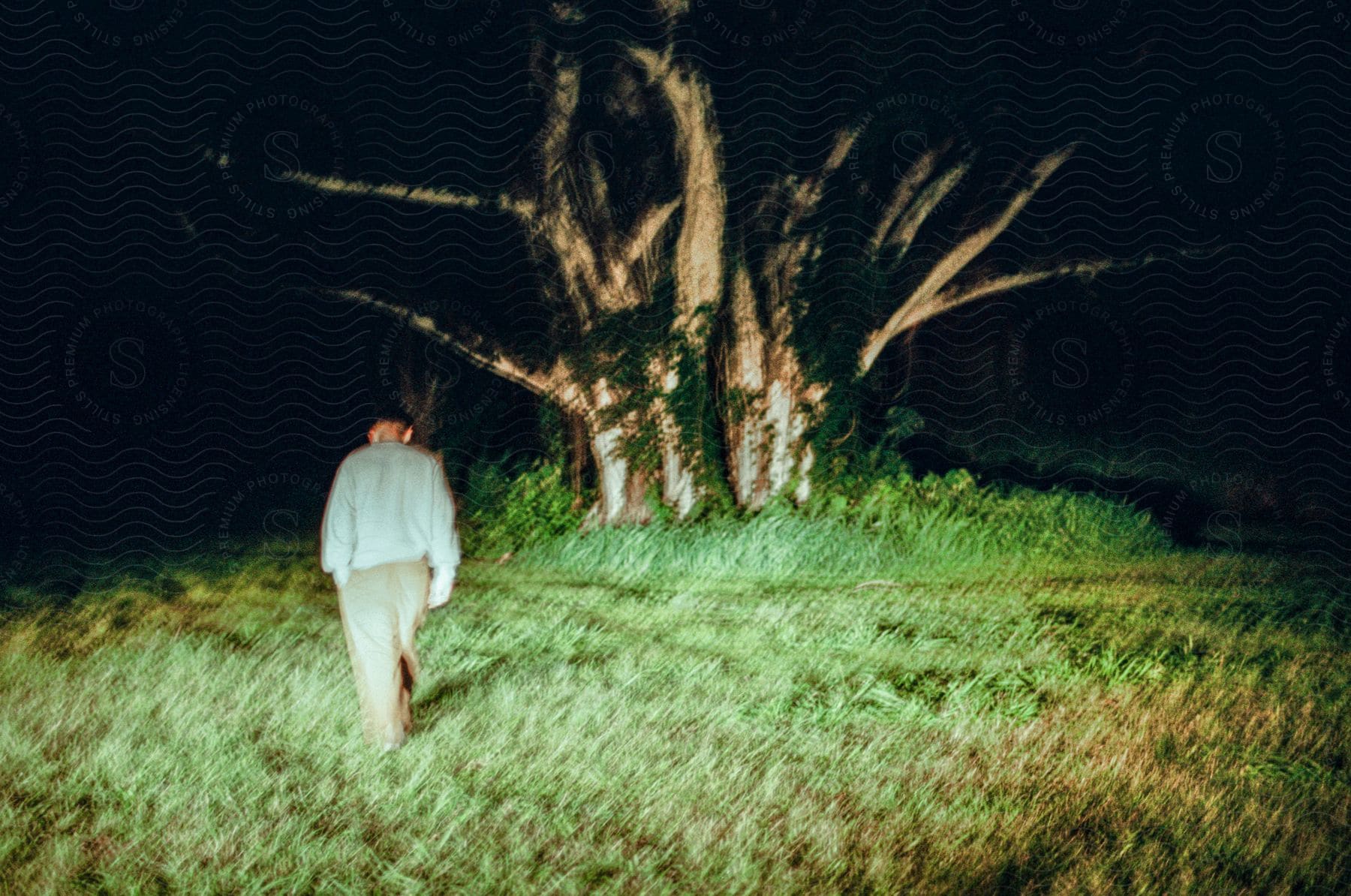 A blurry man walking toward a lit up tree at night time