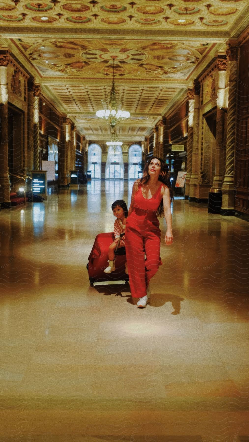 Woman walking down a luxurious hallway with classical architecture and pulling a red suitcase with her daughter sitting on top.