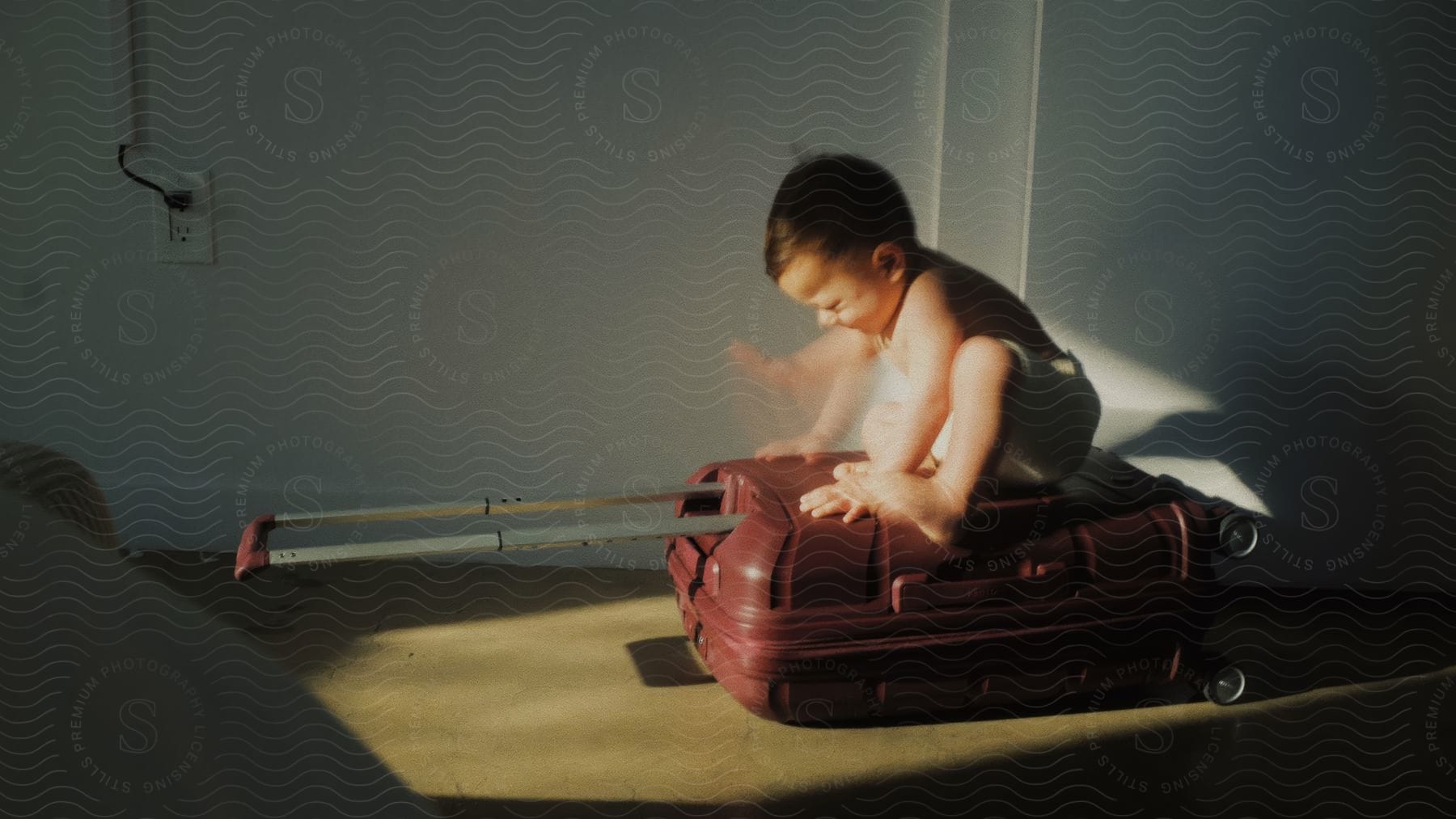 Baby on top of a red suitcase in a sun-drenched room.