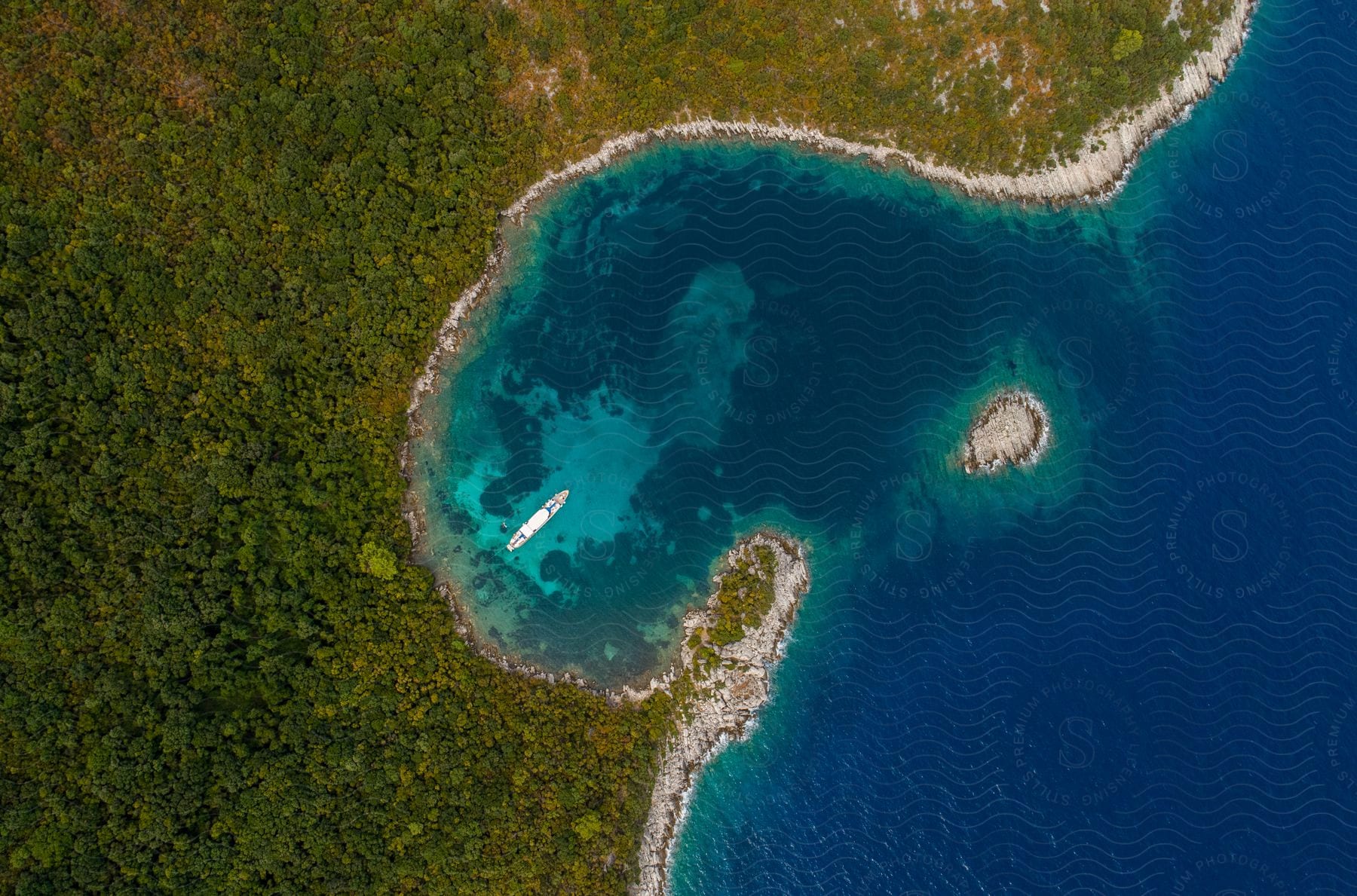 Cruise ship sailing off the forested blue water coast with an island on the outskirts of the bay