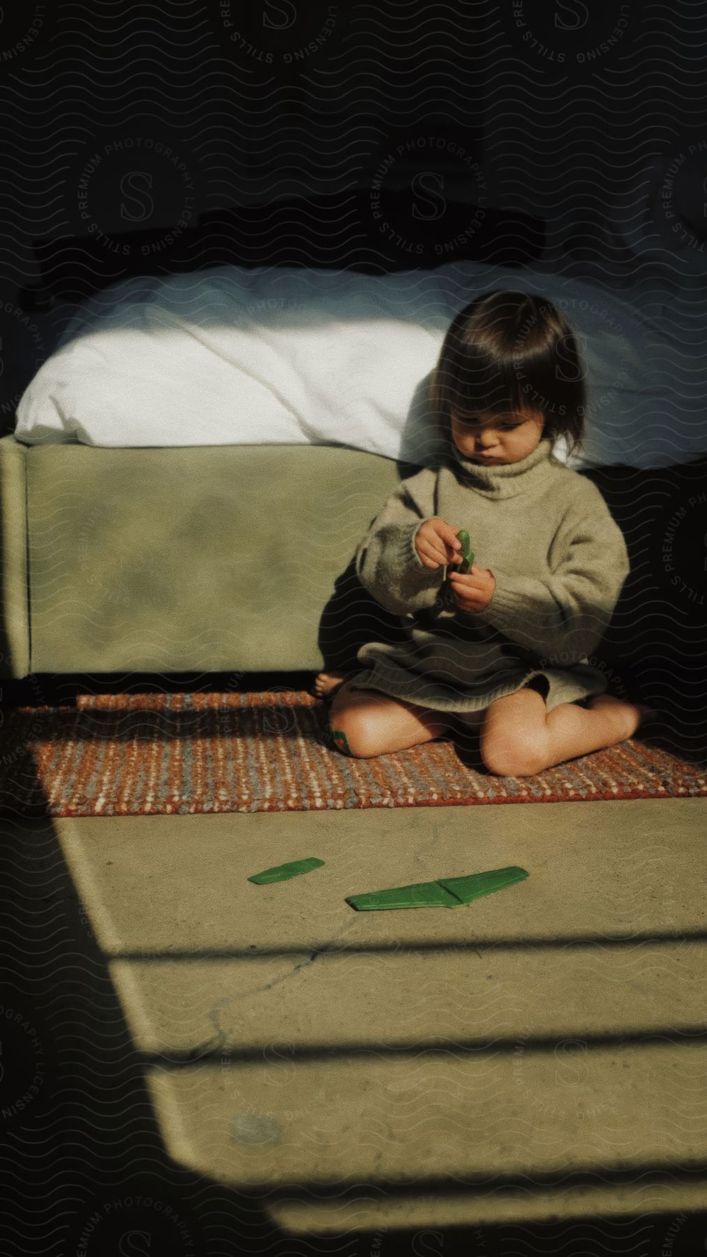 A little girl kneeling on a rug next to a bed putting together a toy glider