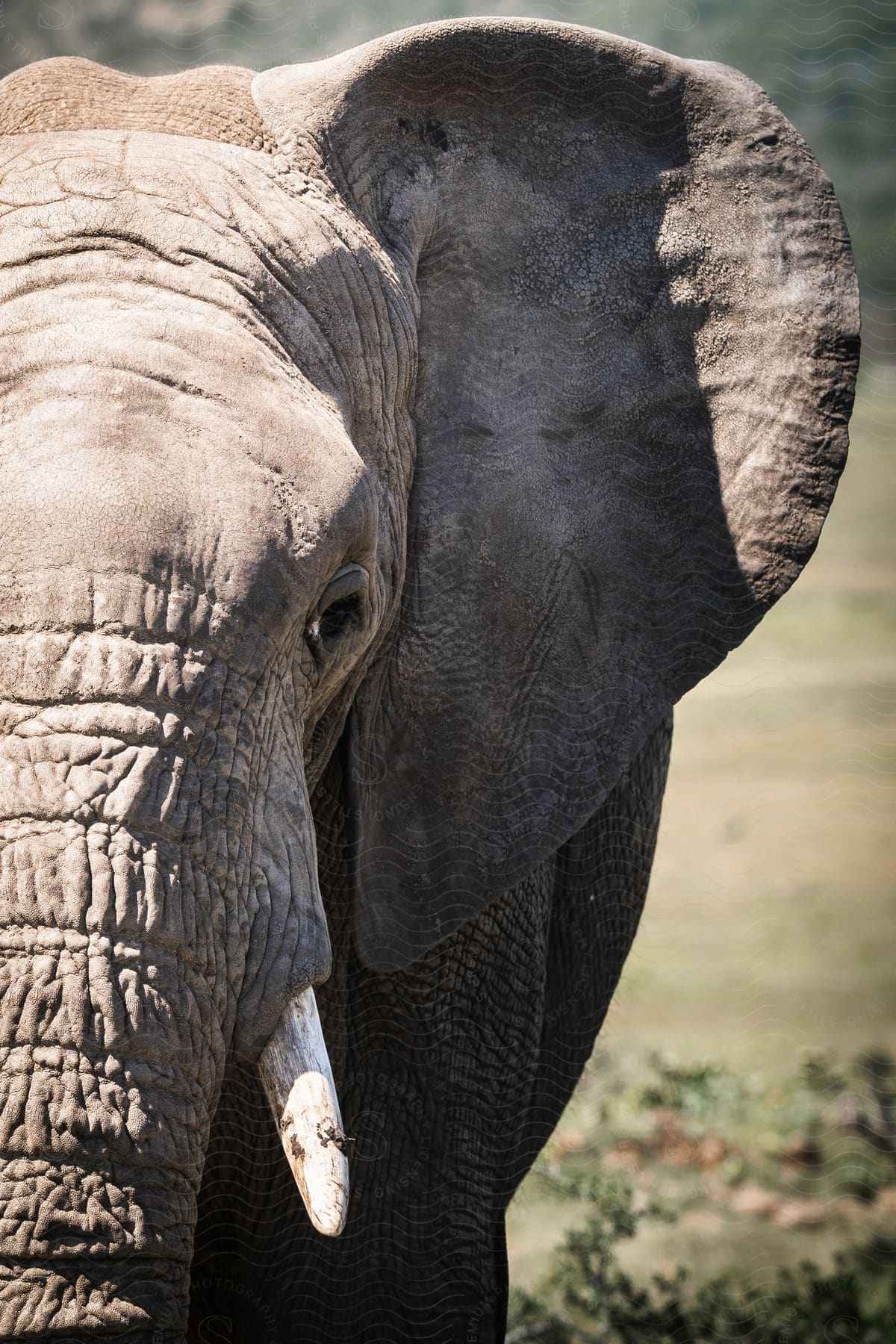 Close-up of an elephant's face showing texture and detail.