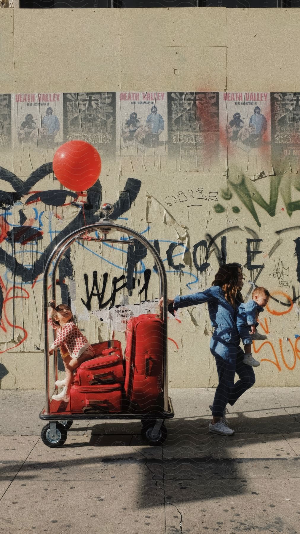 A mom carries her baby boy and pulls a luggage rack where her daughter sits on a suitcase looking up at a red balloon