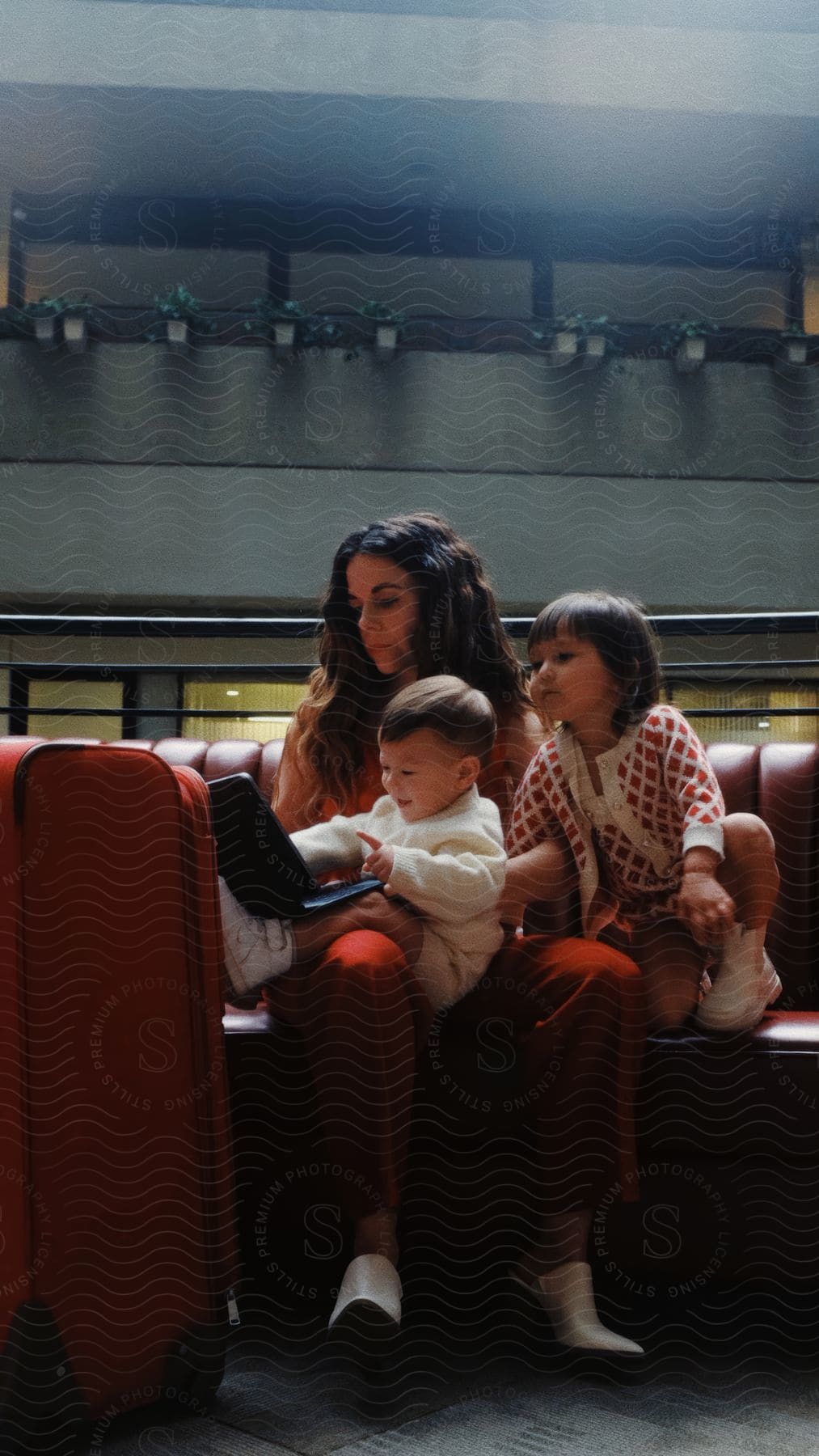 A mother with wavy hair, wearing a red blouse and pants, sits on the couch next to red luggage, holding her toddler son who is touching a tablet, while her daughter sits next to her at the airport