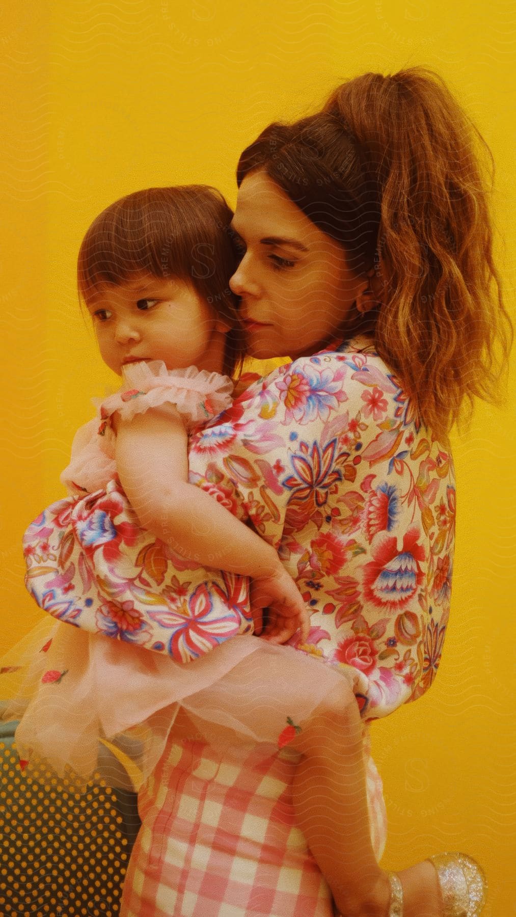 Mother in a floral blouse holding her little daughter on her lap in a strawberry print dress.