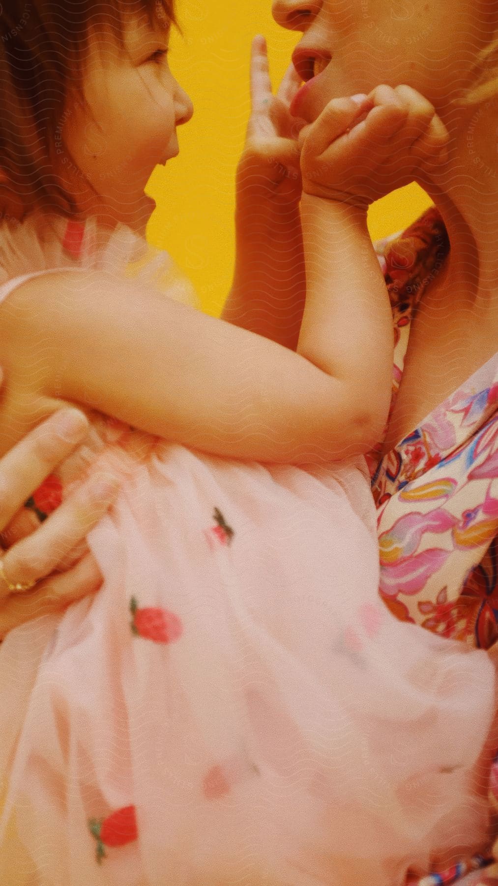 Mother holding her daughter who is wearing a printed dress and looking at each other smiling against a vibrant yellow background.