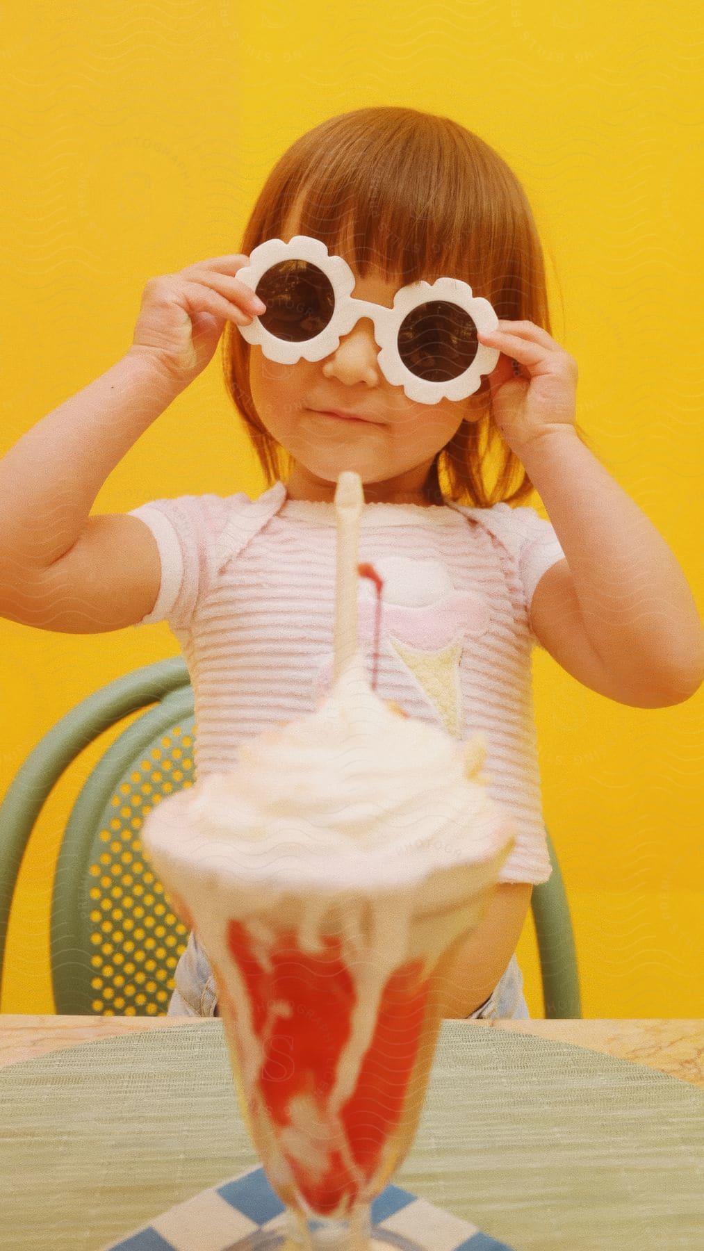 Stock photo of little girl holds her sunglasses on her face as she looks at an ice cream sundae on the table