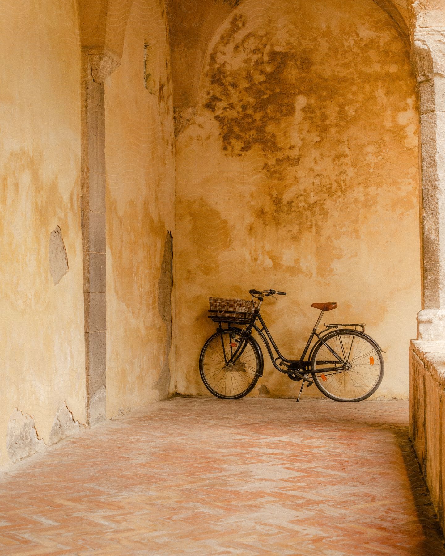 Bicycle with basket parked in an arched hallway with worn walls and tiled floor.