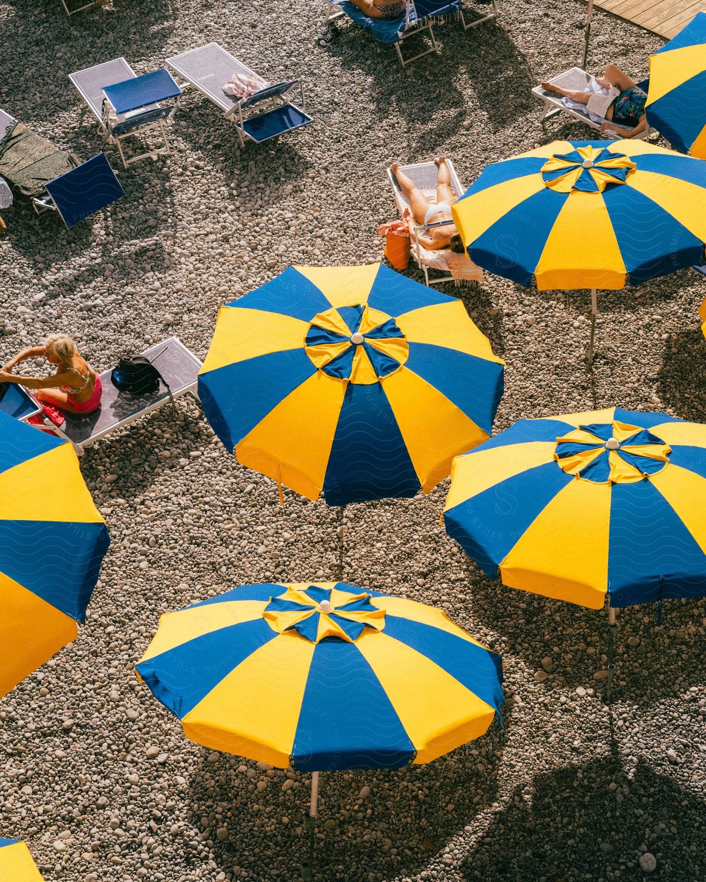 Blue and yellow beach umbrella with chairs on the sand and people enjoying the sun.