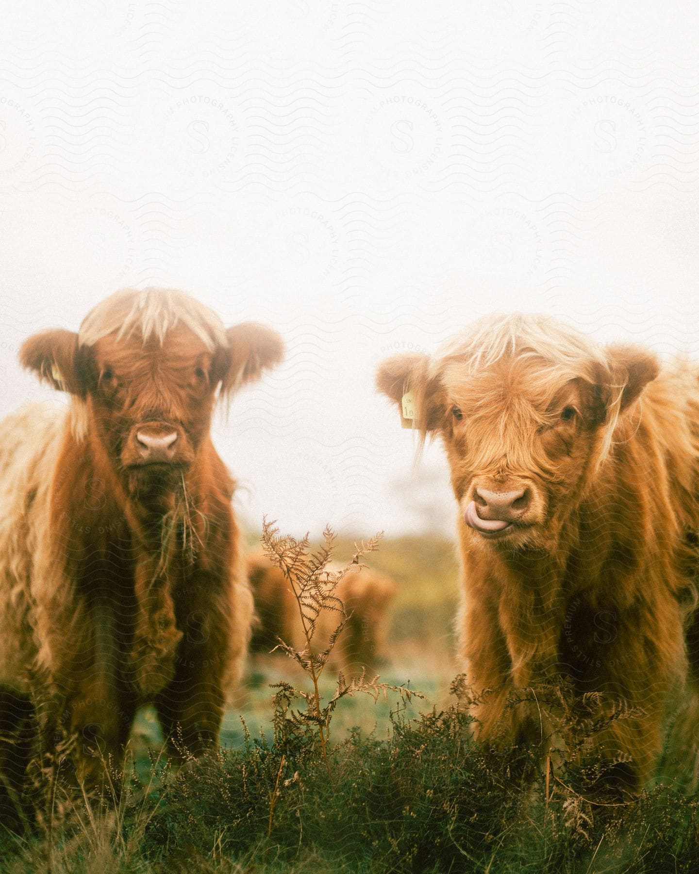 Young cattle standing in a field among plants and vegetation