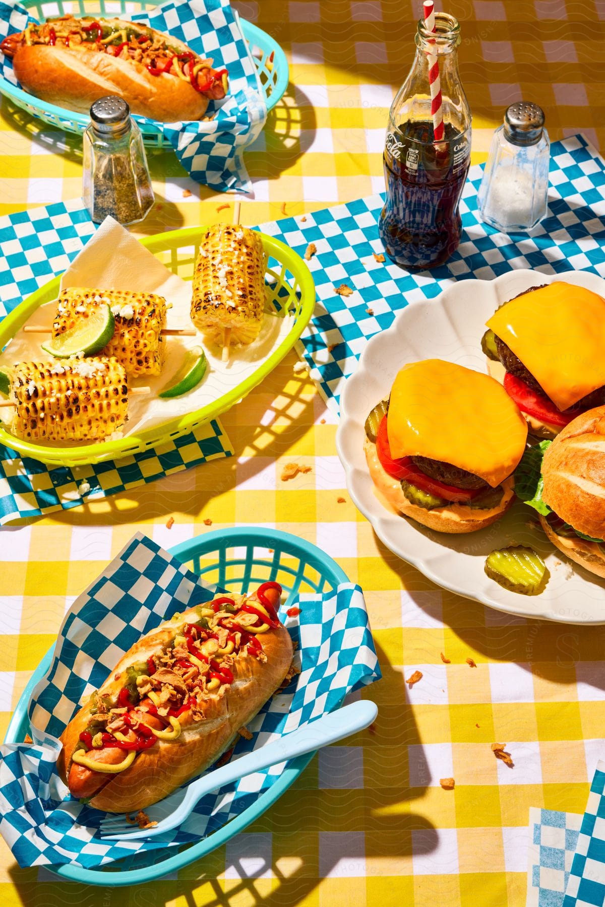 Lots of food sitting out on a table on a sunny day