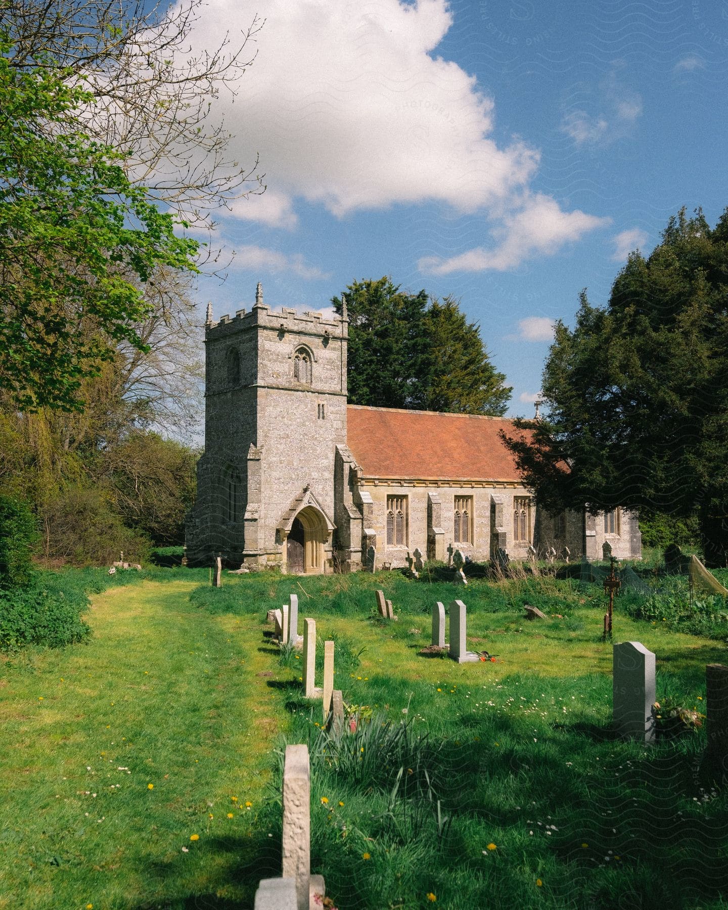 Cemetery outside of a castle style building