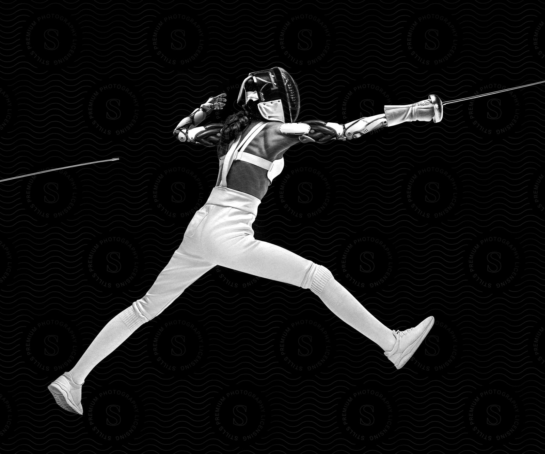 Fencer in white uniform lunging forward with epee extended in a black background.