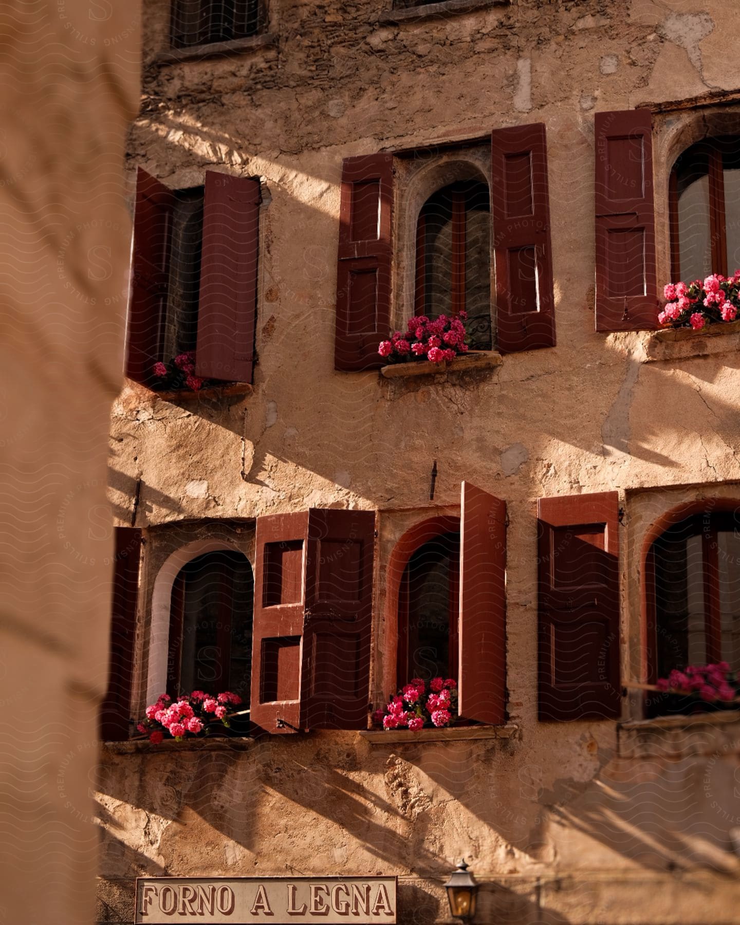 Flowers outside of the windows with open shutters