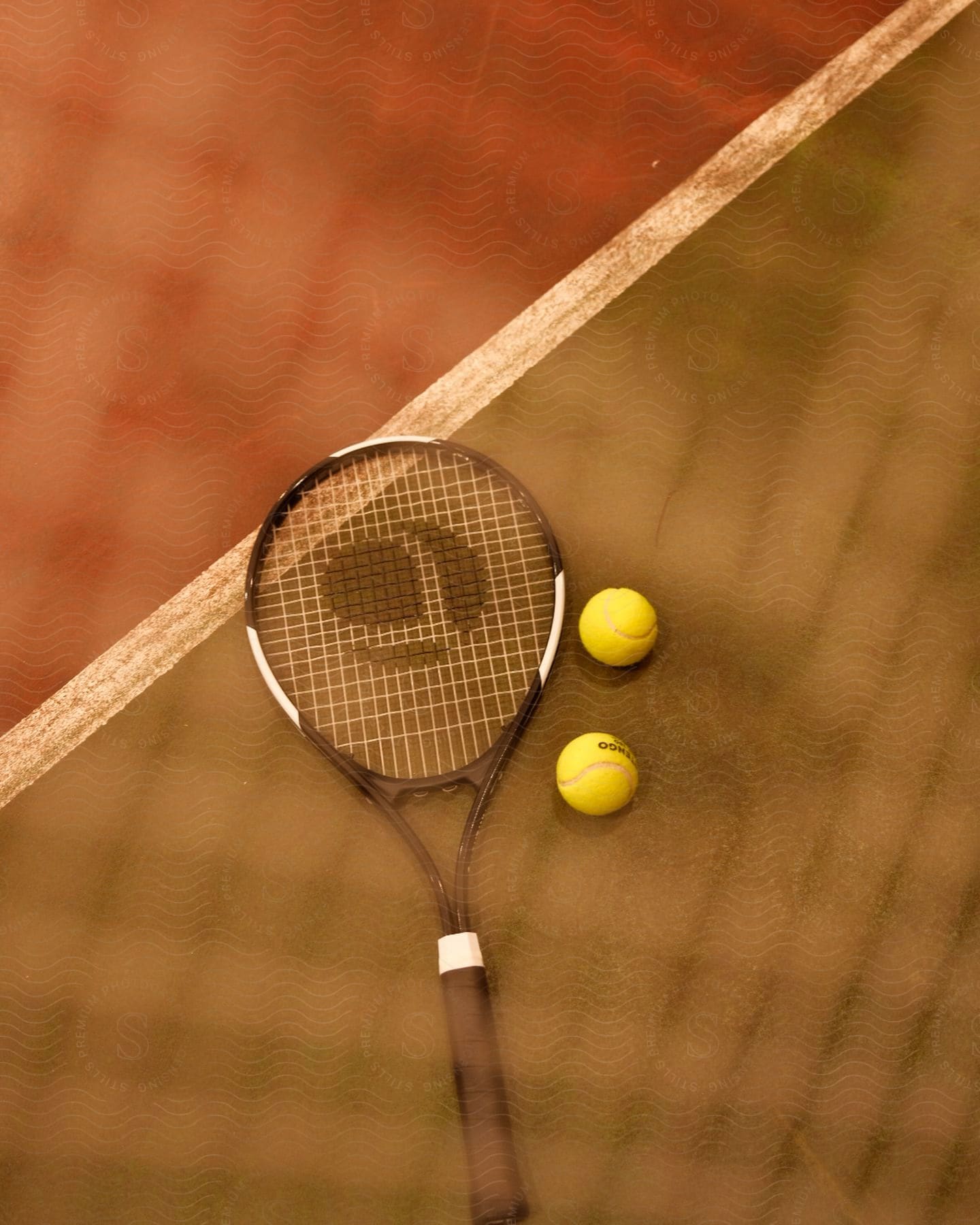 Tennis racket and two yellow balls on a clay court, with white boundary line visible.