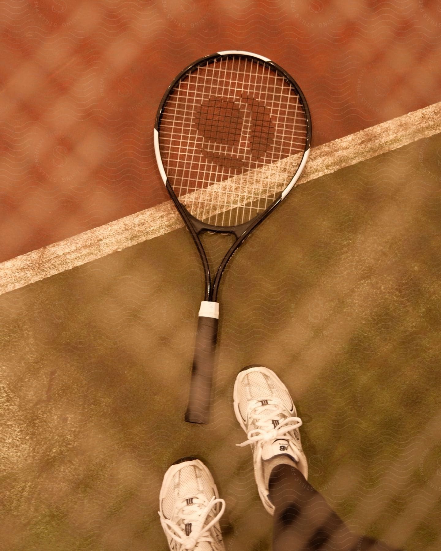 A tennis player wearing shorts and white shoes stands above a racket laying on the ground.