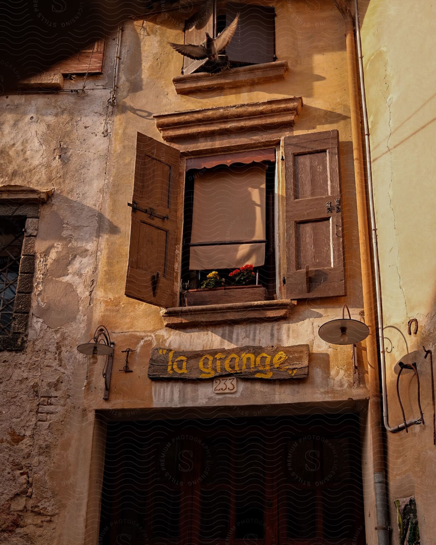 The window shade is pulled down and shutters open on an old building window