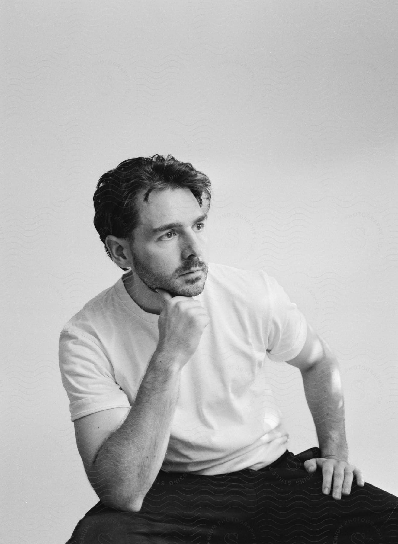 A man with a thin beard sits and poses while wearing dark pants and a plain white t-shirt.