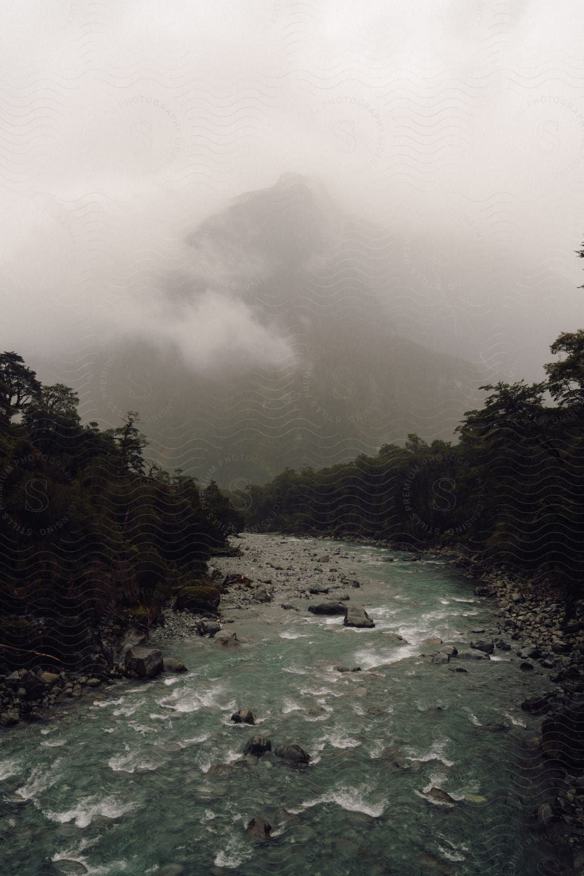 Stream running over rocks in the forest with a mountain concealed by clouds in the distance