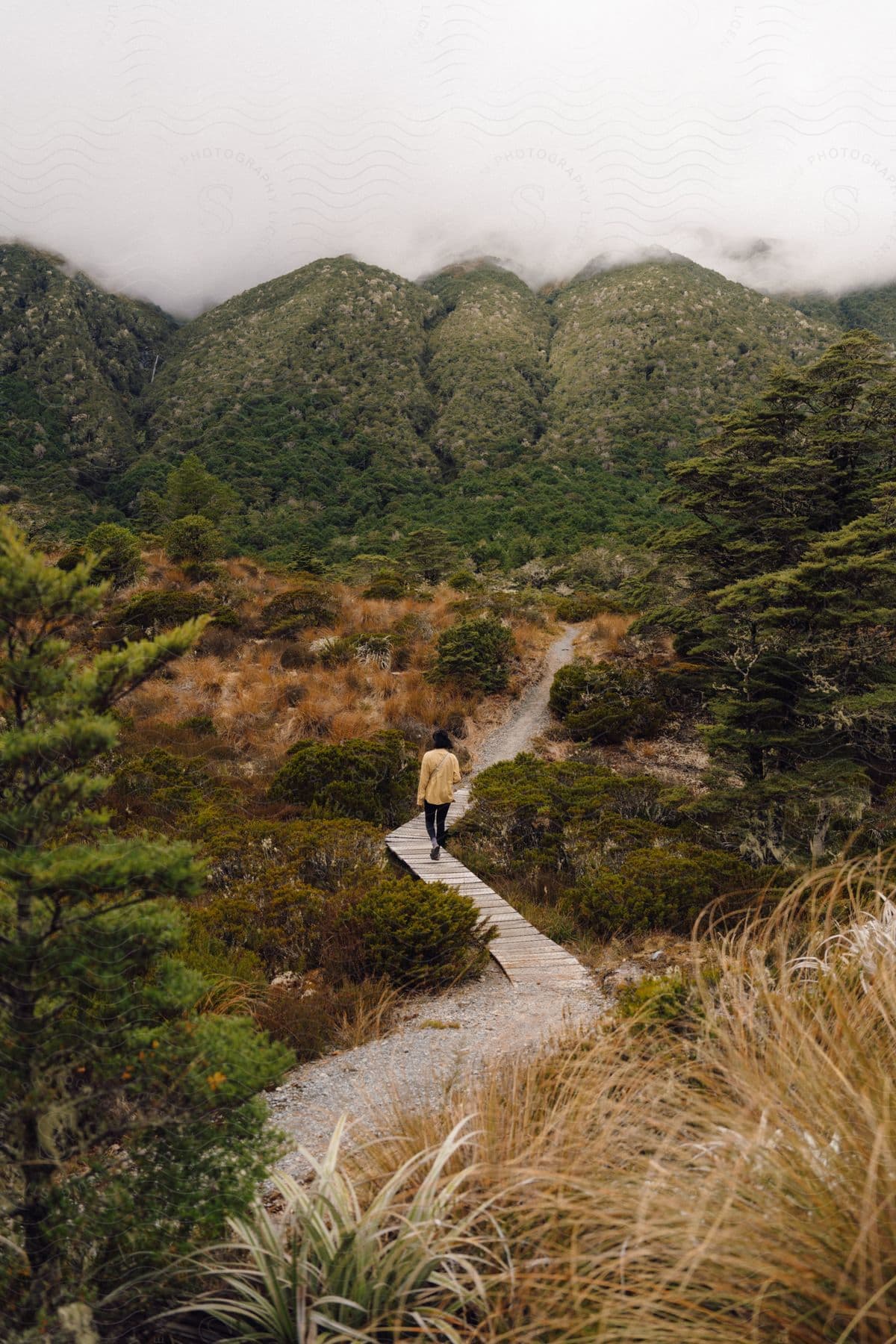 Woman walking along a trail in a natural environment with mountains in the background on a cloudy day.