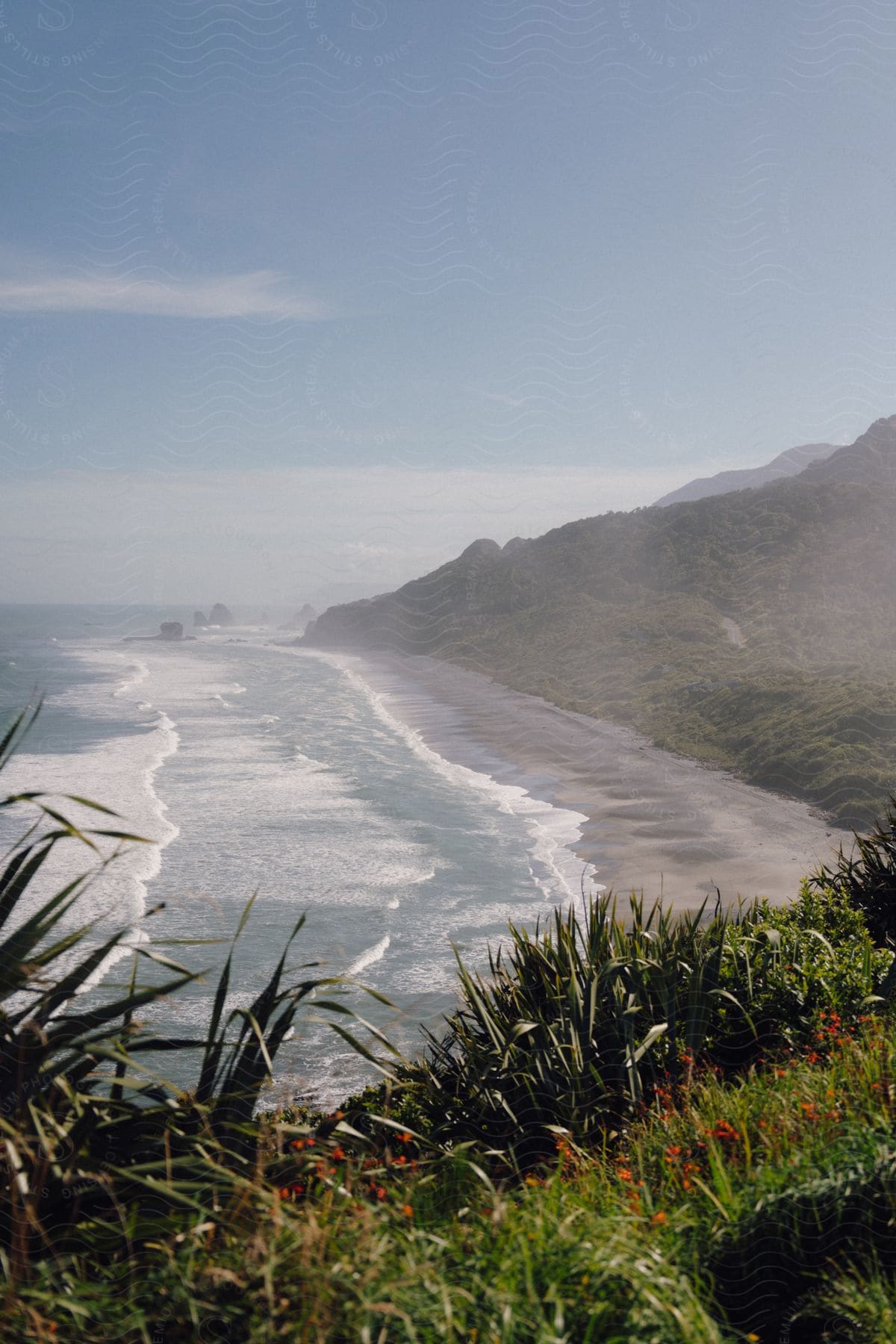 Coastal view featuring a long beach with waves, surrounded by mountains and lush vegetation in the foreground.