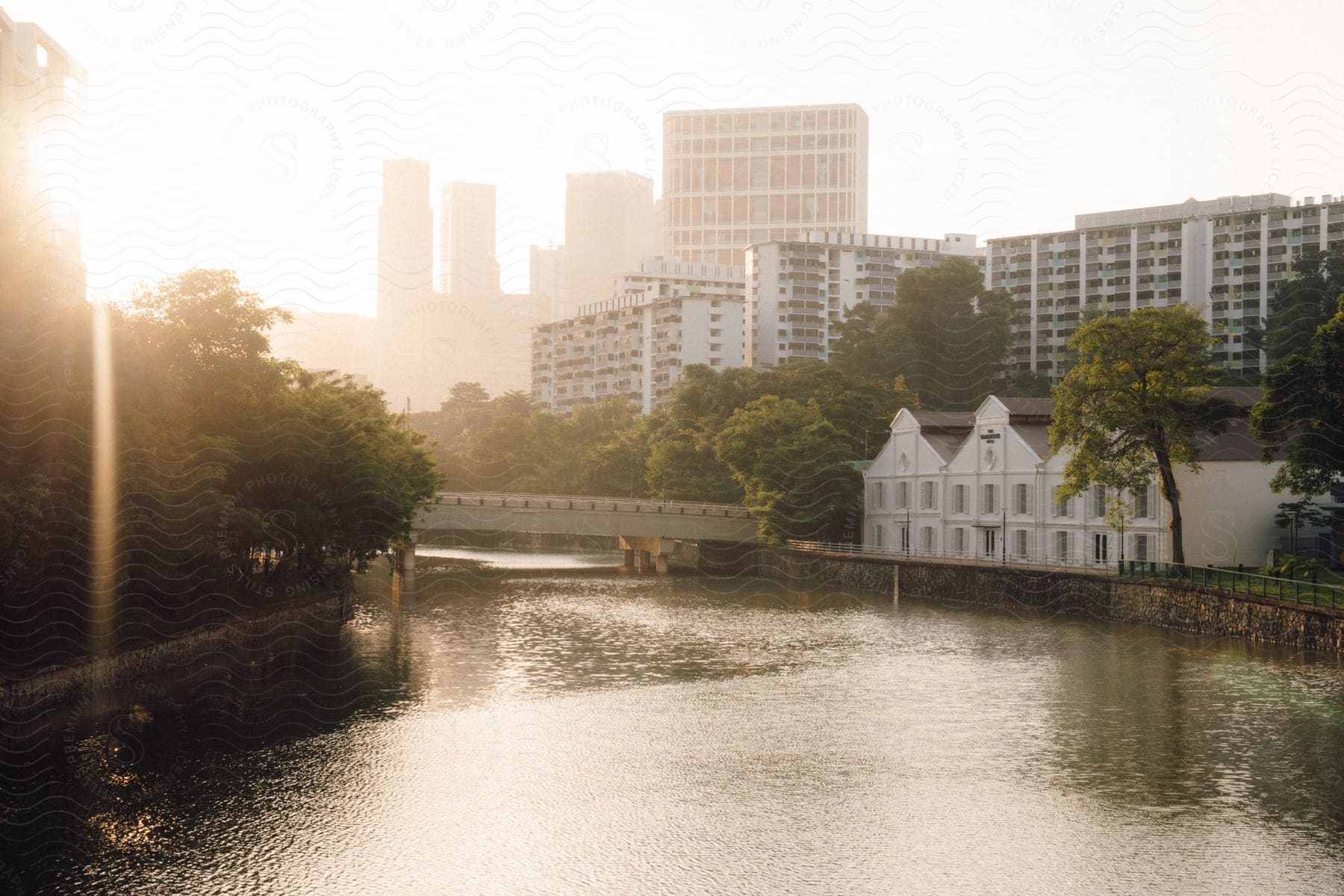 A serene view of a river with a bridge, surrounded by vegetation and buildings, bathed in soft sunlight.