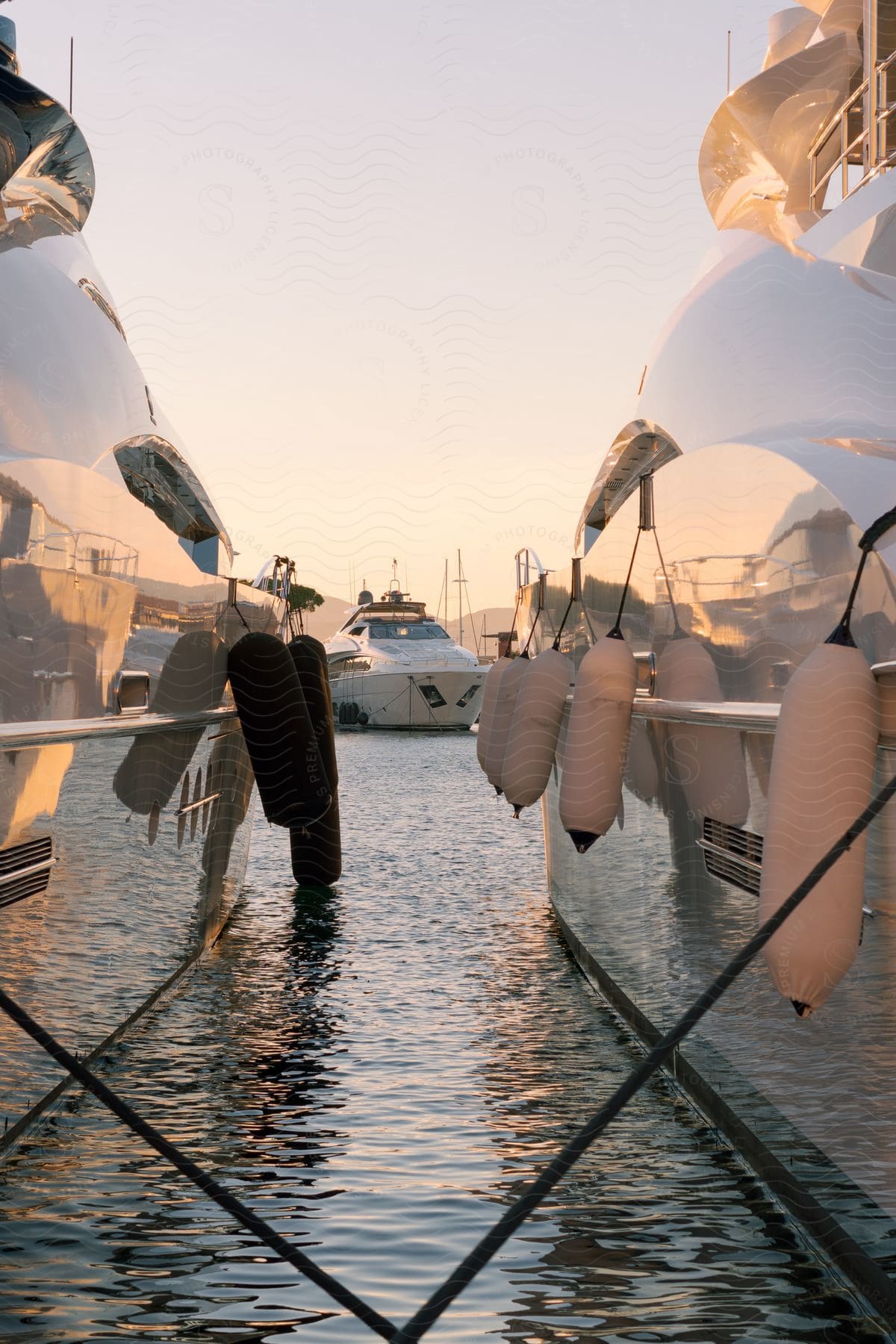 A serene scene of yachts moored in a marina during sunset.