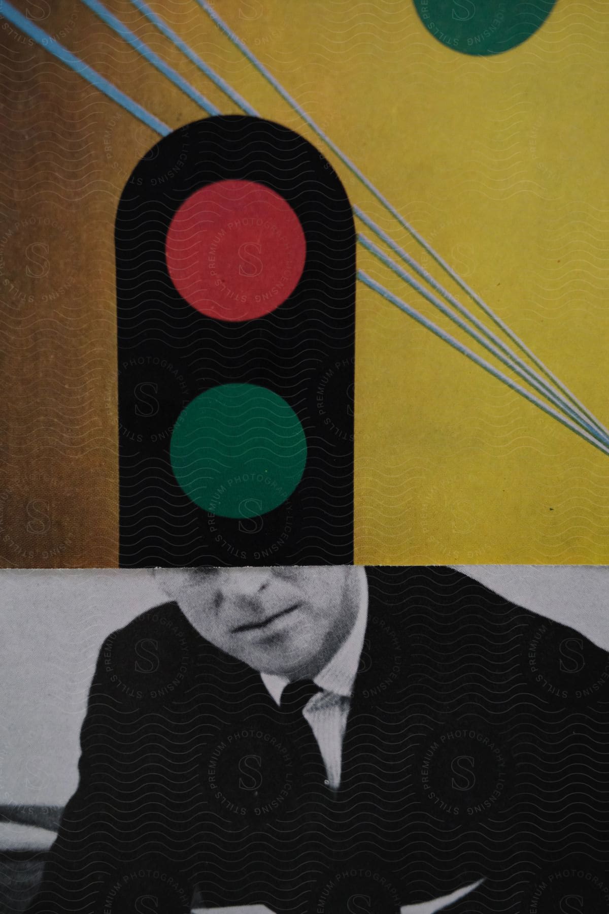 An abstract composition of a traffic light on a black and white photo of a man in a suit