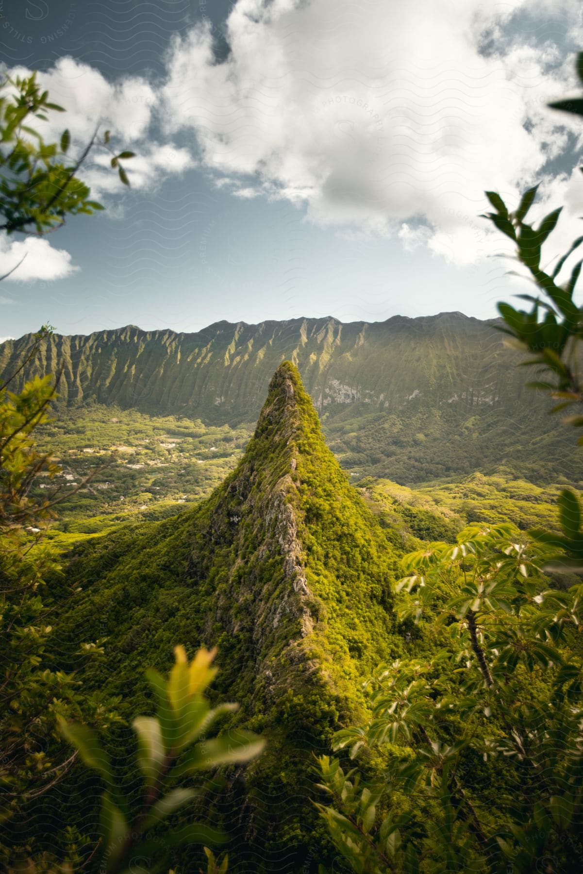 Narrow, elongated mountain peak surrounded by dense, lush vegetation with mountains in the background.