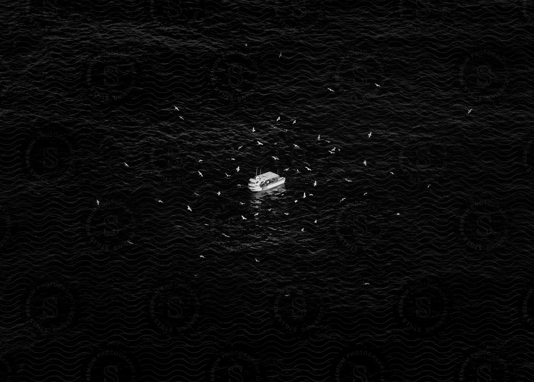 Stock photo of a small boat in the middle of the ocean, surrounded by white seagulls with gray wings.