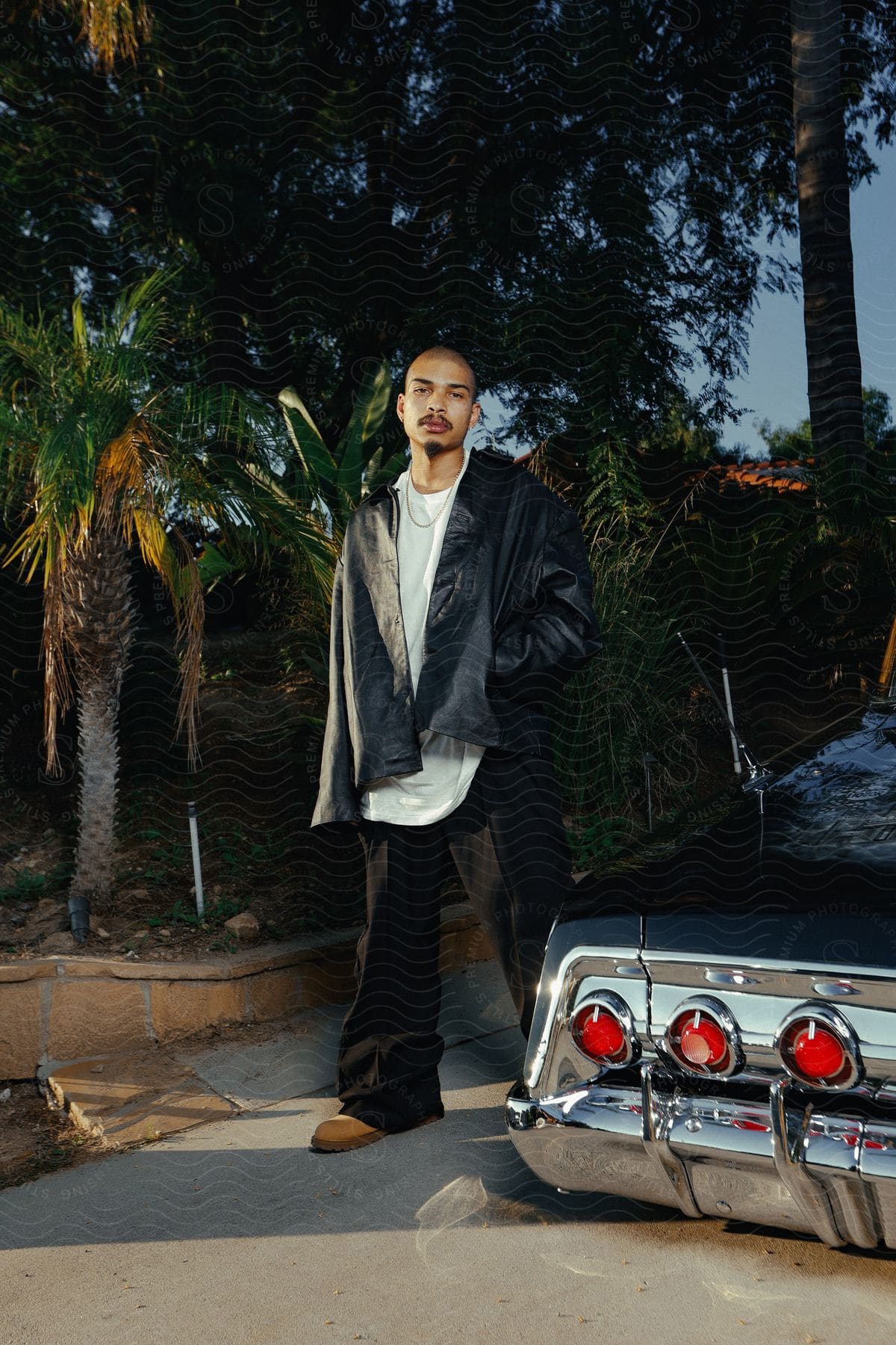 A man wearing a white t-shirt, a loose black jacket, and pants stands next to a 1962 Chevrolet Impala, the vintage car adding a touch of nostalgia to the scene.