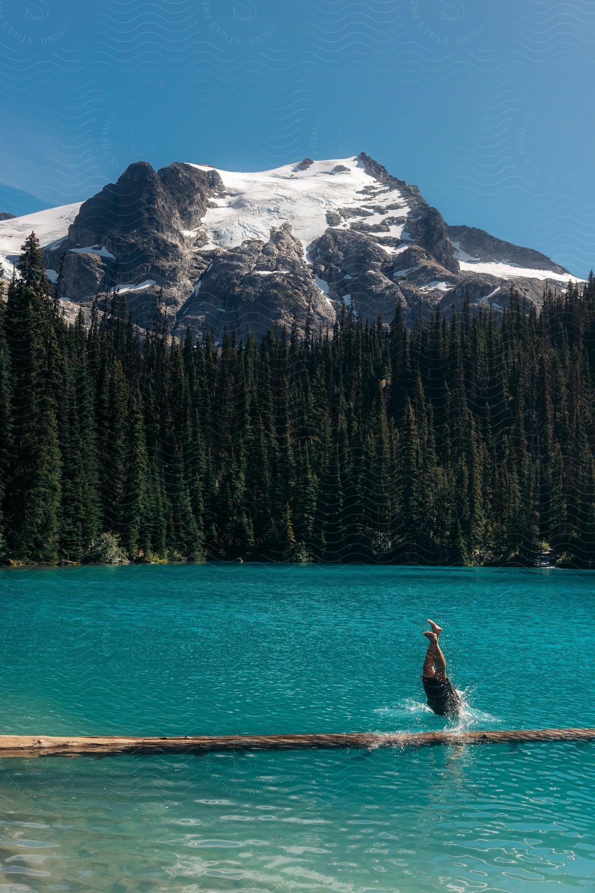 The legs of a person who is diving into a lake with clear blue water and behind there is a forest in contrast to a large mountain