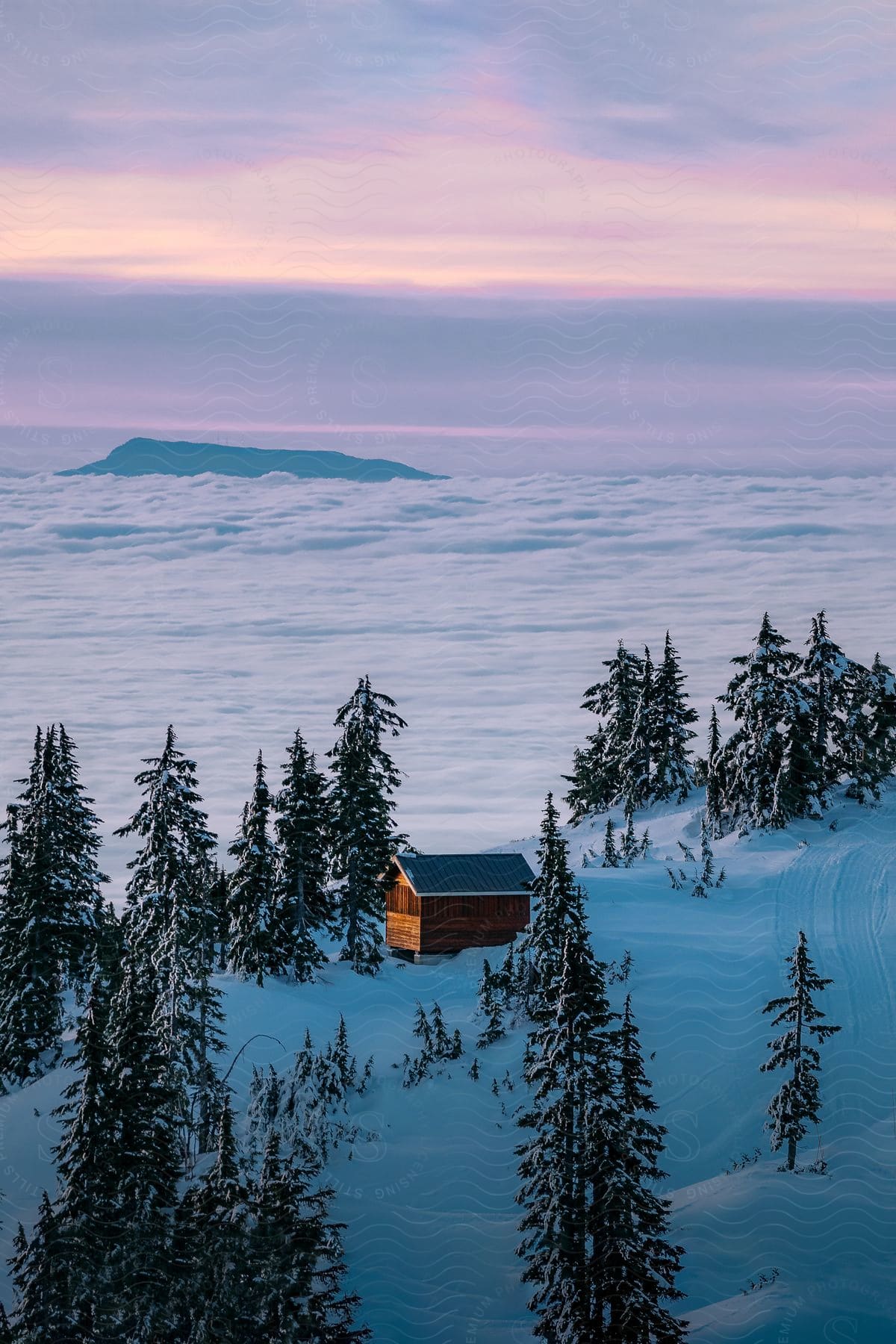 A cabin in the woods surrounded by snow overlooking the fog below